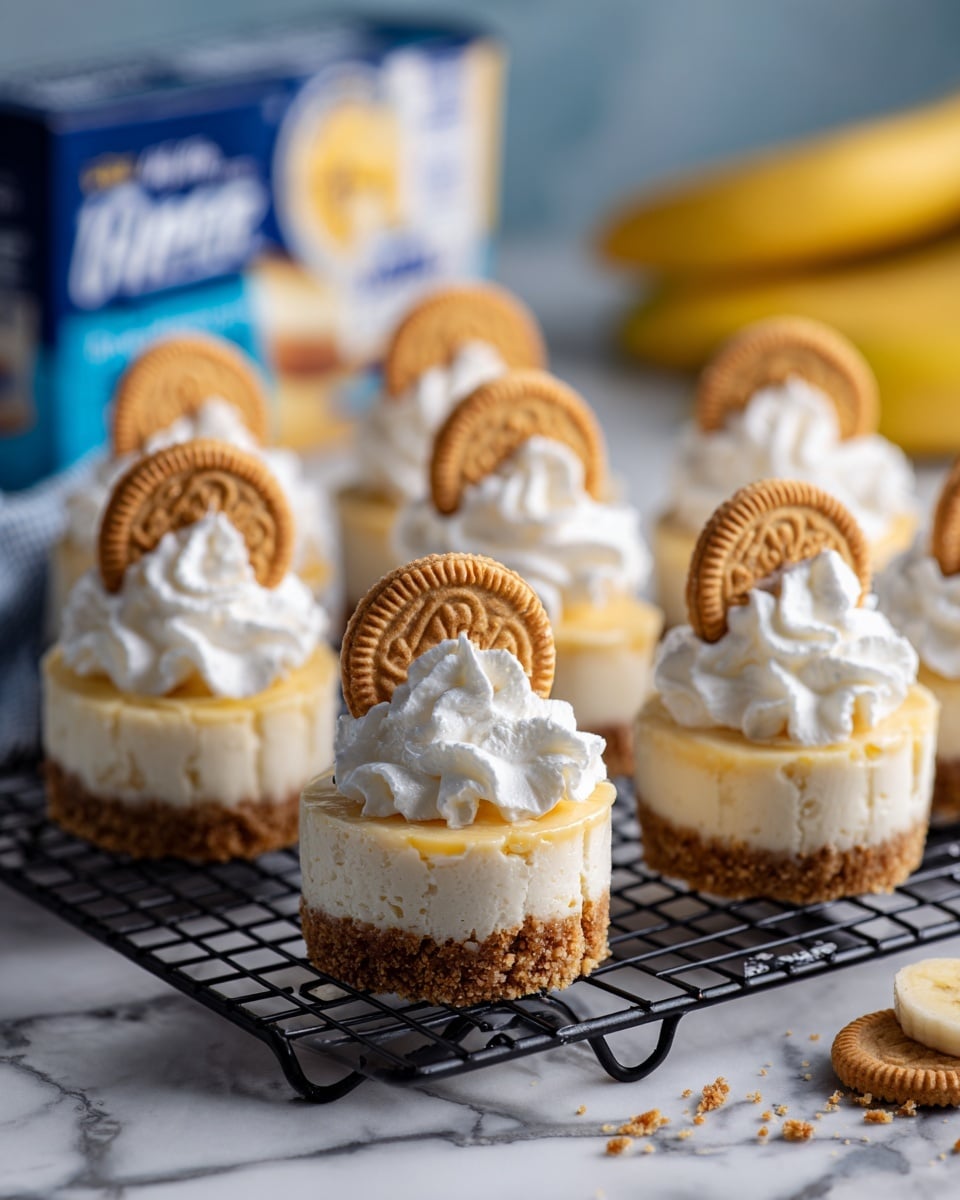 This image shows several small cheesecakes on a black wire cooling rack with a white marbled surface below. Each cheesecake has three visible layers: a crumbly golden brown base at the bottom, a thick creamy pale yellow cheesecake layer in the middle, and a fluffy white swirl of whipped cream on top. Sitting on the whipped cream is a golden round cookie and a thin round slice of banana, both angled upright and positioned toward the back of each cheesecake. The overall look is neat and fresh with soft textures and pale, warm colors. photo taken with an iphone --ar 4:5 --v 7