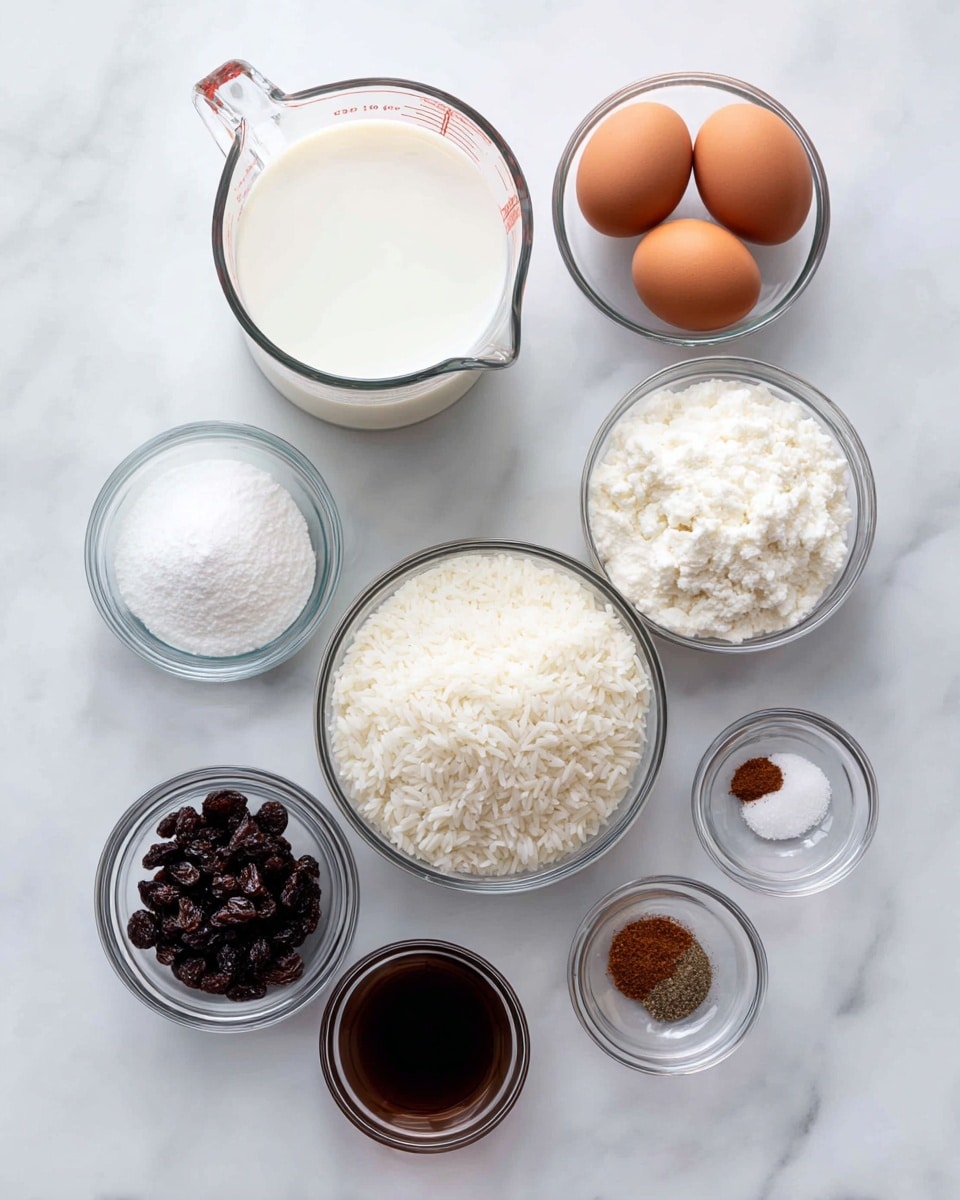 A top-down view of several cooking ingredients on a white marbled surface arranged in clear glass bowls and a clear measuring cup. The largest item is a clear measuring cup filled with white milk on the upper left. To its right is a small clear bowl with three brown eggs. Below the measuring cup is a clear bowl filled with white granulated sugar. To the right of the sugar is a clear bowl filled with white cooked rice grains. On the bottom left is a clear bowl with dark raisins. Next to it is a small clear bowl of dark brown vanilla extract, with three more very small clear bowls scattered around containing white salt, brown ground cinnamon, and ground nutmeg. Photo taken with an iphone --ar 4:5 --v 7