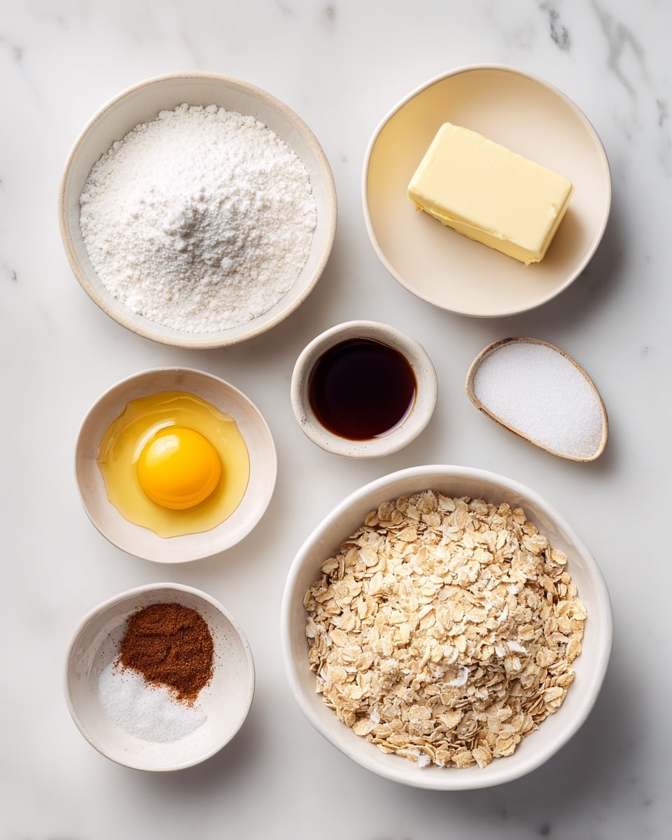 The image shows two white bowls placed on a white marbled surface. The bowl on the left contains several ingredients arranged in separate sections: white sweetener powder, a stick of pale yellow butter, a whole raw egg with a bright yellow yolk, white salt, dark brown molasses, and a small amount of light brown vanilla extract. The bowl on the right is filled with a dry mixture of light beige almond flour, pale beige coconut flakes, light brown cinnamon, pale baking soda powder, and beige oats, all combined together in one layer. photo taken with an iphone --ar 4:5 --v 7