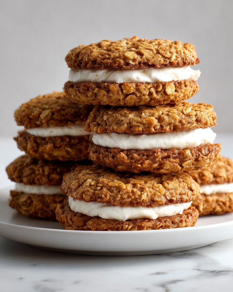 A pile of oatmeal cookie sandwiches is arranged on a large white plate. Each sandwich has two rough-textured golden-brown oatmeal cookie layers with visible oats and slightly crispy edges, with a smooth, creamy white filling sandwiched in the middle. The cookies look thick and slightly uneven in shape, giving a homemade feel. The plate sits on a white marbled surface that adds a clean, bright background to the warm tones of the cookies. photo taken with an iphone --ar 4:5 --v 7