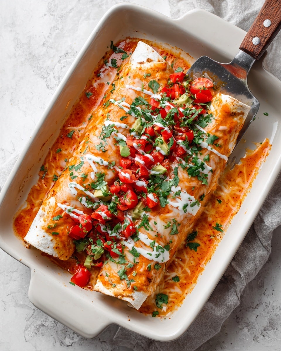 A white rectangular baking dish holds a serving of two rolled tortillas filled with black beans and possibly other ingredients, covered with a thick orange-red sauce. Each tortilla is topped with melted white cheese that has a creamy texture, some white cream sauce, and diced bright green avocado cubes layered near the center. On top of that, there are several small red tomato pieces and fresh bright green cilantro leaves scattered around. A metal spatula with a wooden handle is lifting one tortilla, showing the sauce pooled in the dish at the bottom. The background is a white marbled texture. photo taken with an iphone --ar 4:5 --v 7