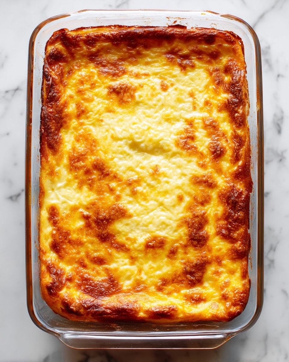 A baked dish in a clear glass rectangular pan with three visible layers: the top layer is a golden brown melted cheese with some patches of lighter yellow cheese, showing a slightly bubbly texture; the middle layer underneath appears creamy and smooth with a pale yellow color; the base layer is a thin crust with edges browned and puffed around the pan sides. The pan is set on a white marbled surface with a textured white cloth partially visible on the top left corner. photo taken with an iphone --ar 4:5 --v 7