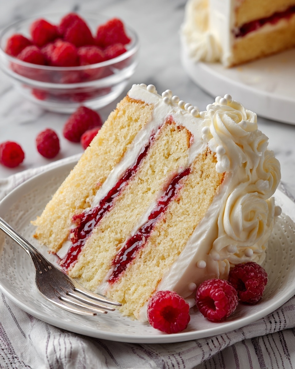 A slice of three-layer light yellow cake with two bright red raspberry jam layers sandwiched inside, covered with smooth white frosting, sits on a white plate with a silver fork. Fresh red raspberries are placed around the cake slice on the plate. In the background, a clear bowl holds more red raspberries, and part of a larger white cake decorated with white frosting and raspberries is visible on a metal cake stand. The entire scene is set on a white marbled surface with a cloth that has red, white, and blue stripes. Photo taken with an iphone --ar 4:5 --v 7