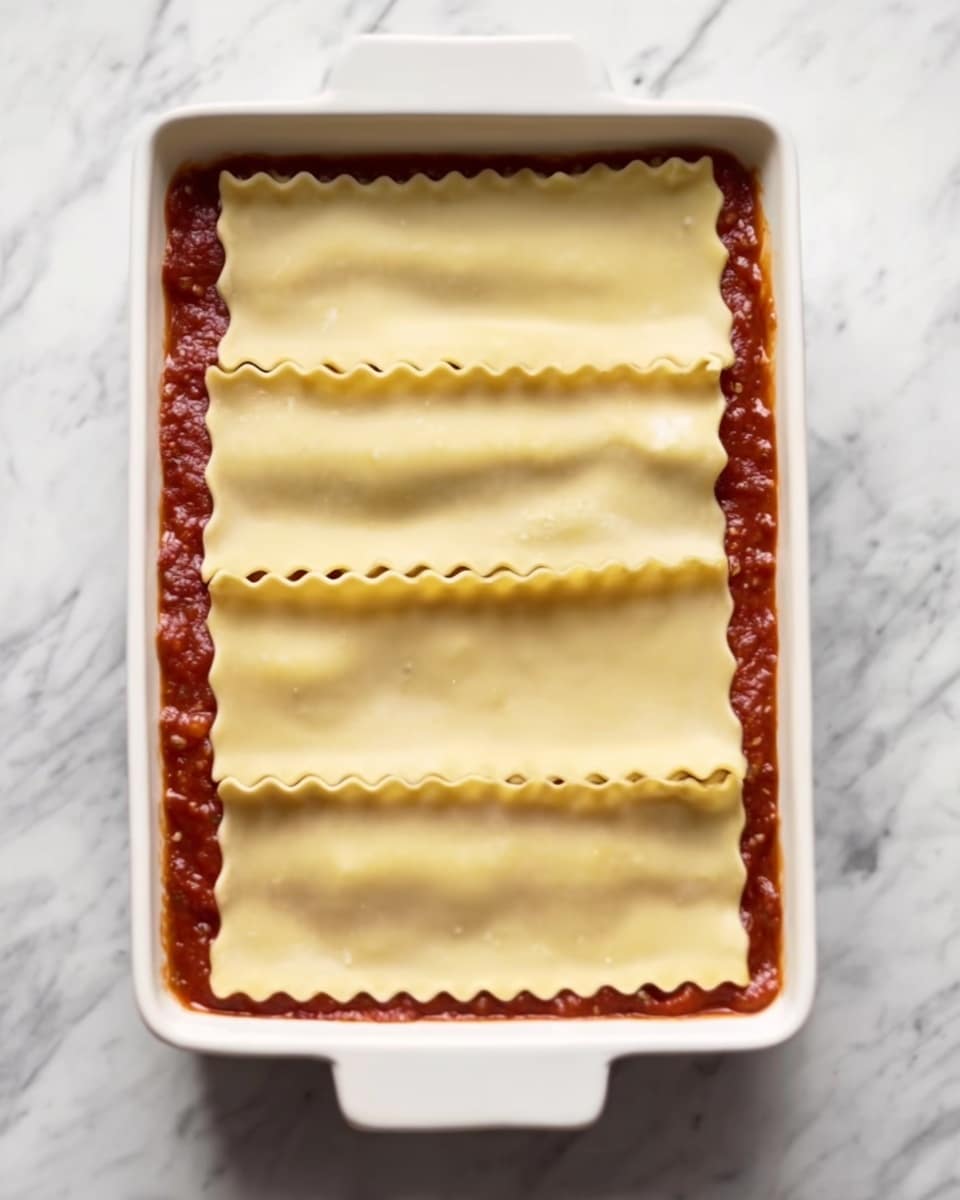 A white baking dish contains three long, flat, uncooked lasagna noodle strips neatly placed side by side on top of a thick, deep red sauce layer that fills the bottom of the dish. The noodles have a pale yellow color with slightly wavy edges, and they cover the sauce almost fully, leaving a narrow gap around the edges. The dish is set on a white marbled surface. photo taken with an iphone --ar 4:5 --v 7