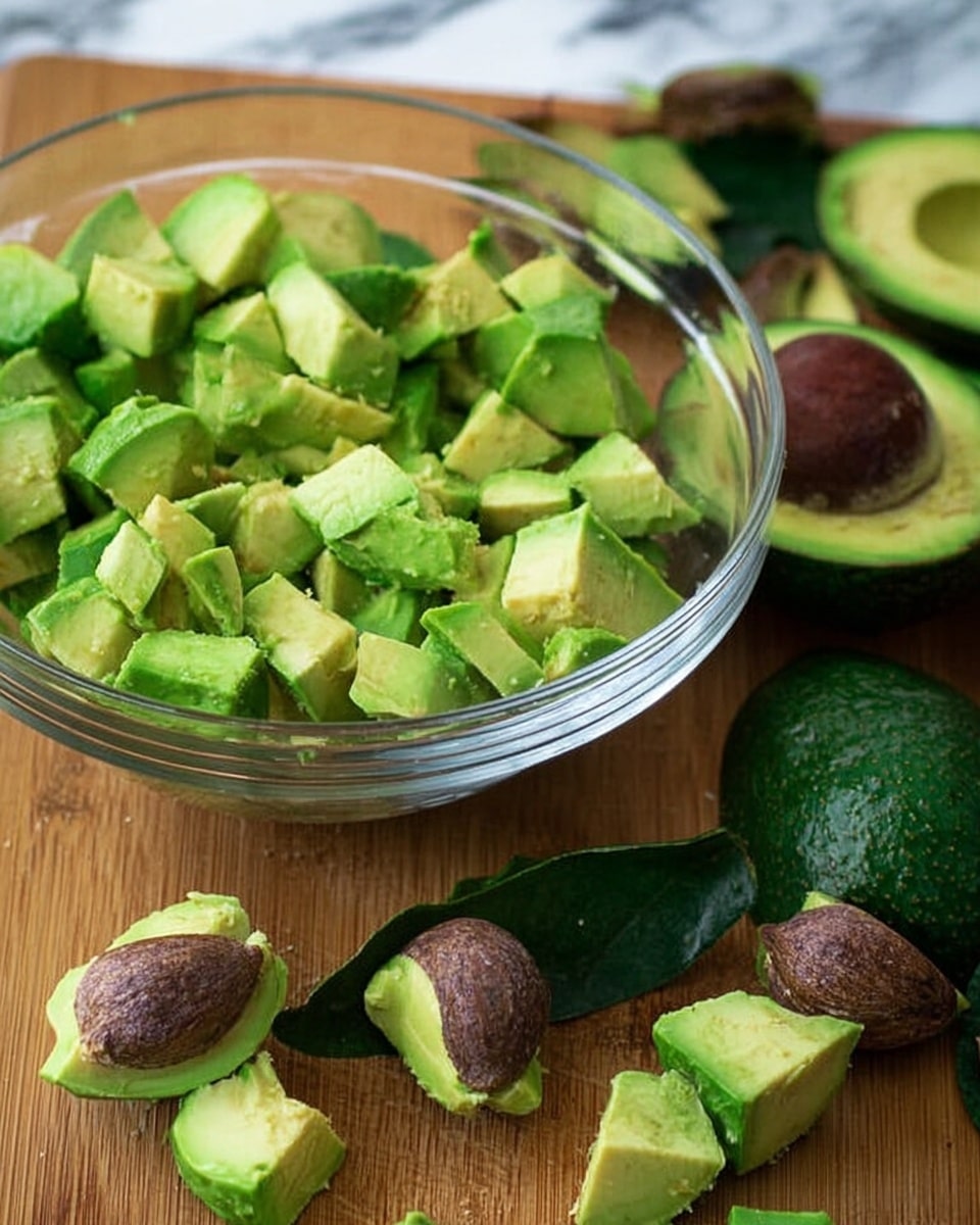 The image shows a clear glass bowl filled with light green avocado pieces, chopped into small uneven cubes. Around the bowl, several dark green avocado skins and brown seeds are placed on a wooden surface. The edges of the avocado cubes have a smooth, soft texture. The background features a white marbled texture. photo taken with an iphone --ar 4:5 --v 7