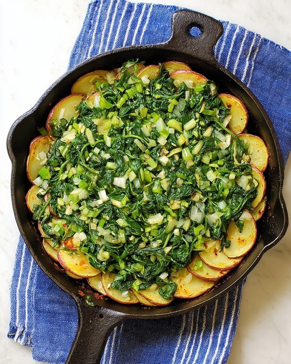 A black cast iron skillet is full of two layers: the bottom layer is golden brown cooked potato slices placed neatly in a circular pattern along the edge and center, and the top layer is a mix of bright green cooked spinach and light green chopped onions spread evenly over the potatoes. The skillet is on a blue and white striped cloth, all set on a white marbled surface. photo taken with an iphone --ar 4:5 --v 7