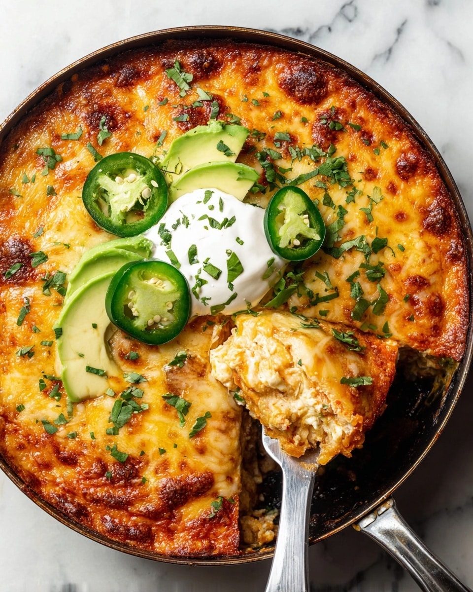 A white bowl holds a layered dish starting with a base of warm shredded chicken in a rich orange-red sauce. On top, there are three green slices of jalapeño pepper and a few light green slices of avocado positioned toward one side. A large dollop of white sour cream sits on the chicken in the center. The dish is garnished with finely chopped green herbs, scattered over the sour cream and chicken. A gold fork with a white handle rests on the edge of the bowl. The bowl is set on a white marbled surface. photo taken with an iphone --ar 4:5 --v 7
