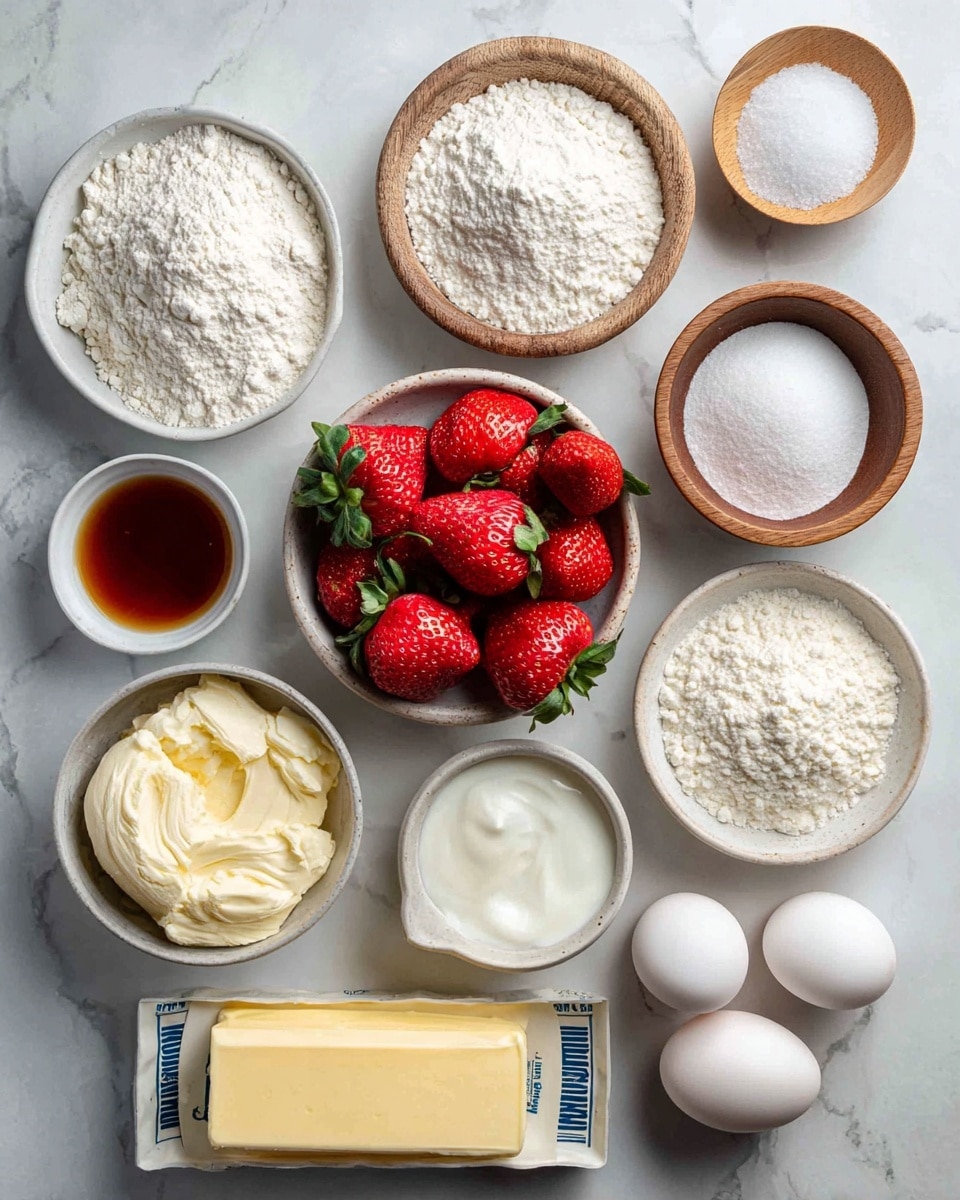 A top view of various baking ingredients arranged neatly on a white marbled surface. In the center, a bowl of fresh red strawberries with green leaves is placed. Surrounding it, from top left to bottom right, there is a bowl of white sugar, a bowl of white flour, a small wooden bowl with baking powder, a small wooden bowl with salt, a bowl of white powdered sugar, a small white bowl with brown vanilla extract, a bowl of white cream, two whole white eggs in a white holder, and a stick of yellow butter with blue and white packaging at the bottom. Each ingredient is clearly labeled in black text with a white background above or beside the bowl or item. Photo taken with an iphone --ar 4:5 --v 7