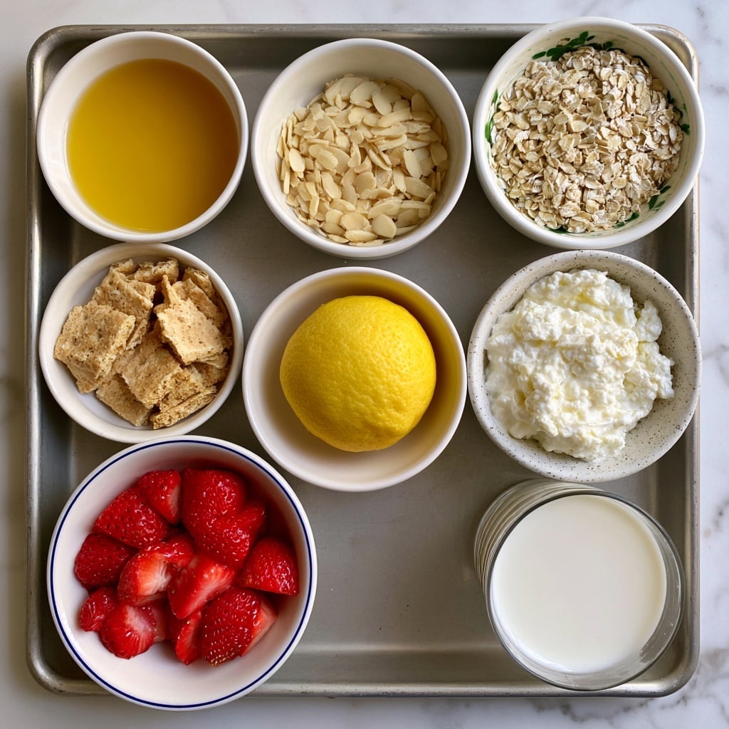 A metal tray with seven small white bowls and a lemon on a white marbled surface. The top left bowl holds golden vanilla liquid, next to it is a bowl with light beige almond flakes, and to the right is a white bowl with green patterns filled with pale rolled oats. Below the vanilla is a bowl of light brown graham cracker pieces, with a bright yellow lemon in the middle. To the bottom left is a white bowl with a blue rim filled with bright red strawberries. On the right side of the tray, a speckled white bowl contains creamy white Greek yogurt, and at the bottom right, there is a clear glass cup with white milk. Photo taken with an iphone --ar 4:5 --v 7