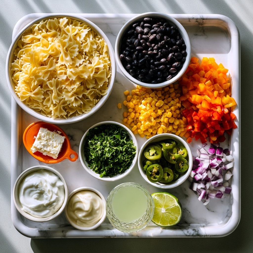 A metal tray with a white marbled surface holds several white bowls and small dishes with colorful ingredients. Starting from the top left, a large white bowl is filled with uncooked short pasta in a pale yellow color with a bow-tie shape. To the right, a white bowl contains dark black beans. Below the beans, another white bowl is full of bright yellow canned corn. Next to the corn, there is a white bowl with chopped orange and red bell pepper pieces. Below the bell pepper, a white bowl contains small cubes of chopped red onion in shades of purple and white. In the center, there is a small bowl with finely chopped green parsley, and beside that, a small bowl with green sliced pickled jalapenos. To the left of the jalapenos, a small orange dish holds a white block of feta cheese with a crumbly texture. Near the bottom left, a small bowl of white Greek yogurt and a smaller bowl with white mayonnaise cream sit side by side. At the bottom center, a clear glass holds light green lime juice, with half a lime cut in two halves next to it, showing its juicy texture. The entire arrangement is lit by natural light, casting soft shadows, photo taken with an iphone --ar 4:5 --v 7