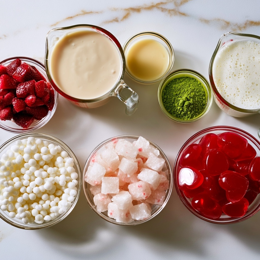 Several clear glass bowls and measuring cups are arranged on a white marbled surface, each holding different ingredients. The top row from left to right shows a bowl of fresh diced strawberries in a deep red color, a measuring cup of creamy light beige evaporated milk, a small bowl of pale yellow condensed milk, a small bowl filled with vibrant green matcha powder, and a measuring cup with frothy white regular milk. Below these are a bowl of small white sago pearls with a round texture, a bowl of translucent white strawberry nata de coco cubes, and a bowl filled with bright red strawberry jelly hearts. The setup is bright and neat, with natural light showing the distinct colors and textures of each ingredient clearly. Photo taken with an iphone --ar 4:5 --v 7
