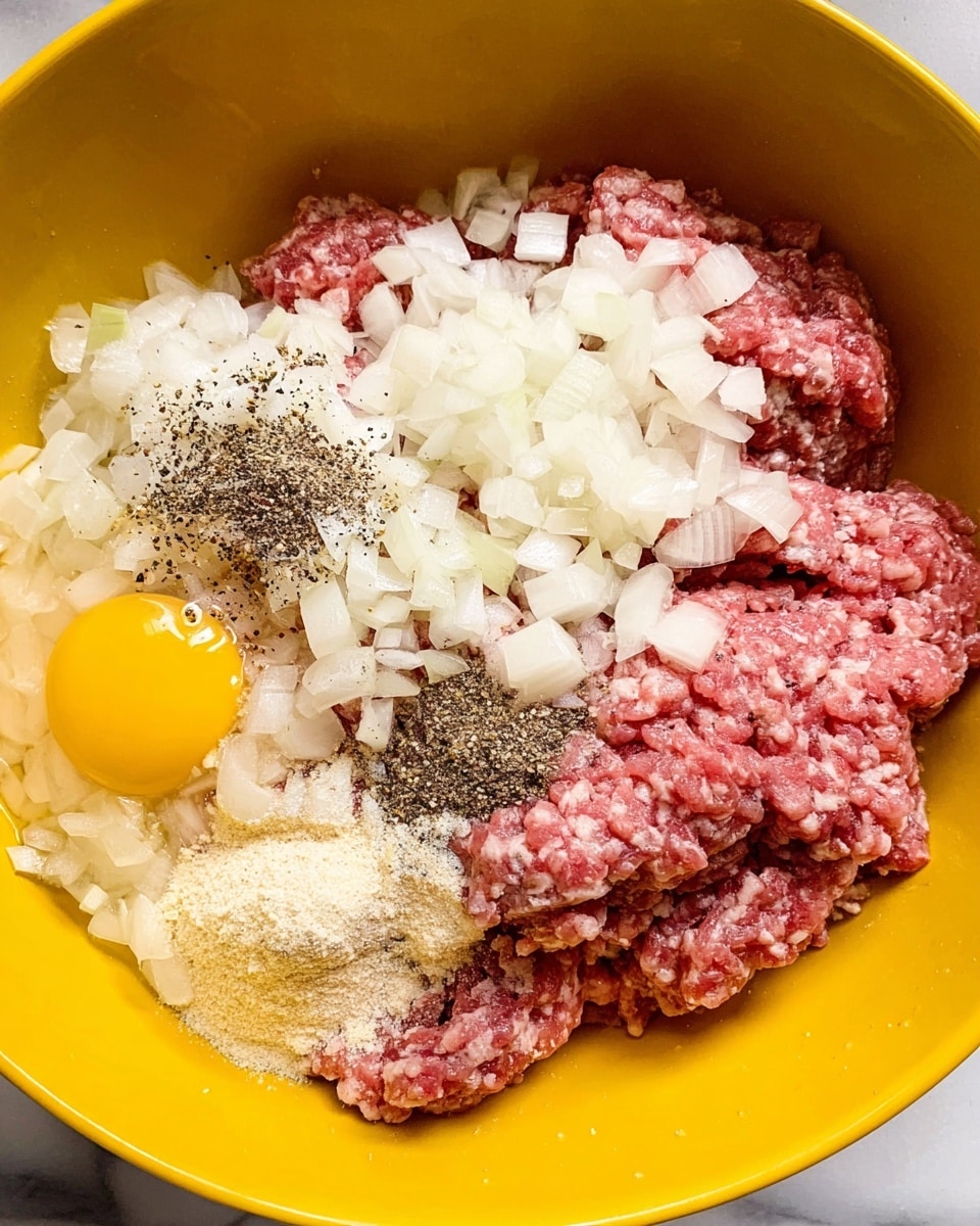 In a bright yellow bowl, there is a mix of ingredients ready to be combined. At the base, there's a large amount of raw ground meat with a reddish-pink color and slightly coarse texture. On top of the meat, there are layers of finely chopped white onions scattered mainly on one side. Next to the onions, a fresh raw egg with a yellow yolk and clear white is placed near the bottom edge. Seasonings in small piles cover parts of the meat, including a light beige powder and black pepper sprinkled nearby. The yellow bowl contrasts with the colors of the ingredients, and the image is taken on a white marbled surface. photo taken with an iphone --ar 4:5 --v 7