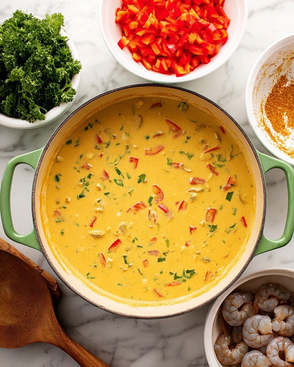 A top view of a large pan with green handles filled with a creamy yellow sauce that has small pieces of red bell pepper mixed in. Around the pan on a white marbled surface, there is a white bowl filled with chopped red bell pepper on the top left, fresh green parsley leaves below it, a white bowl with raw shrimp seasoned with spices on the bottom right, and another white bowl with a wooden spoon and some sauce residue on the top right. The colors are warm and bright with a mix of yellow, red, green, and natural wood tones. photo taken with an iphone --ar 4:5 --v 7