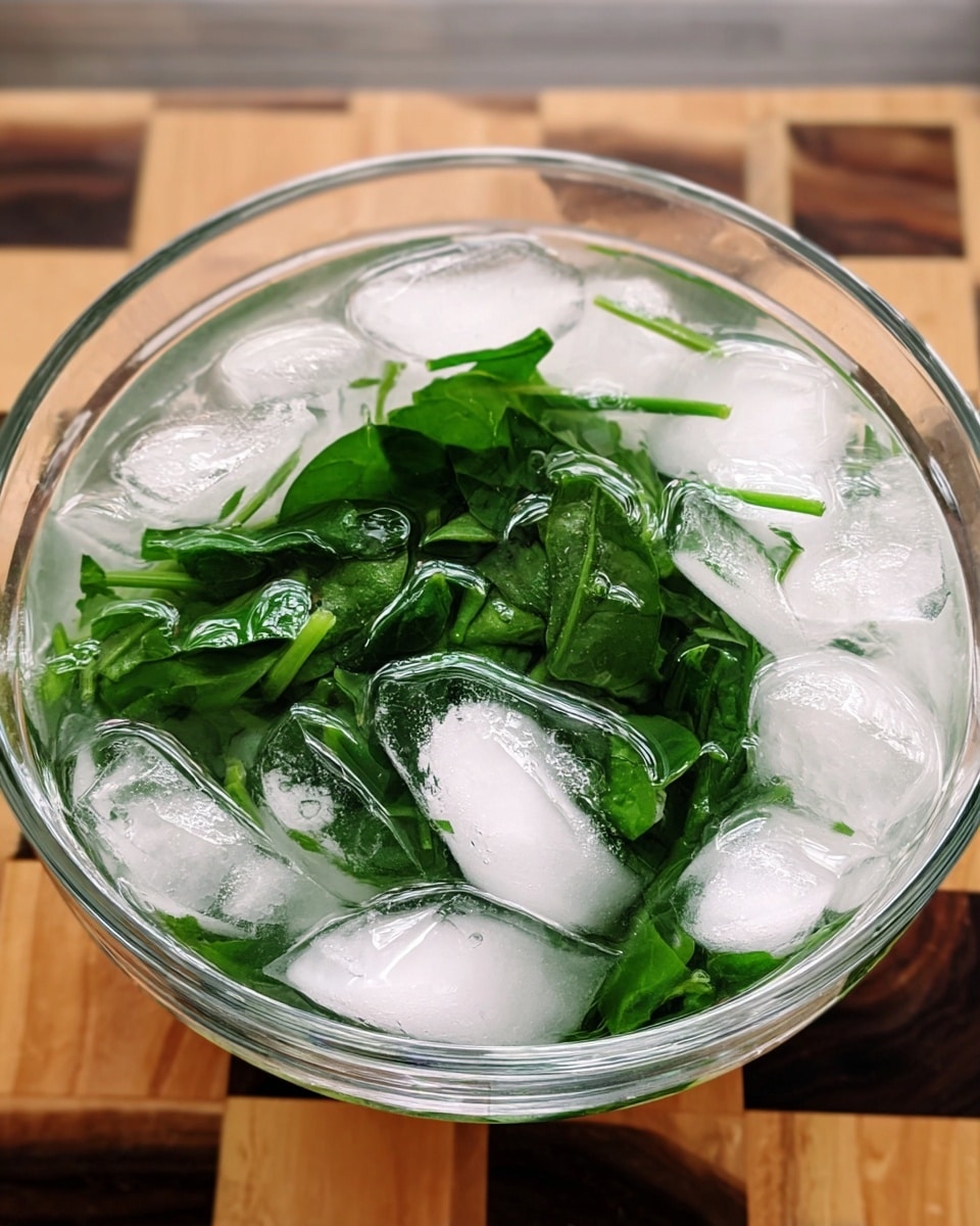 A clear glass bowl filled with water, ice cubes, and bright green leafy spinach. The spinach leaves and stems sit in the middle, surrounded by white ice cubes that float on the water surface near the rim. The bowl rests on a wooden checkerboard surface with light and dark brown squares. The background is softly blurred with neutral tones. photo taken with an iphone --ar 4:5 --v 7