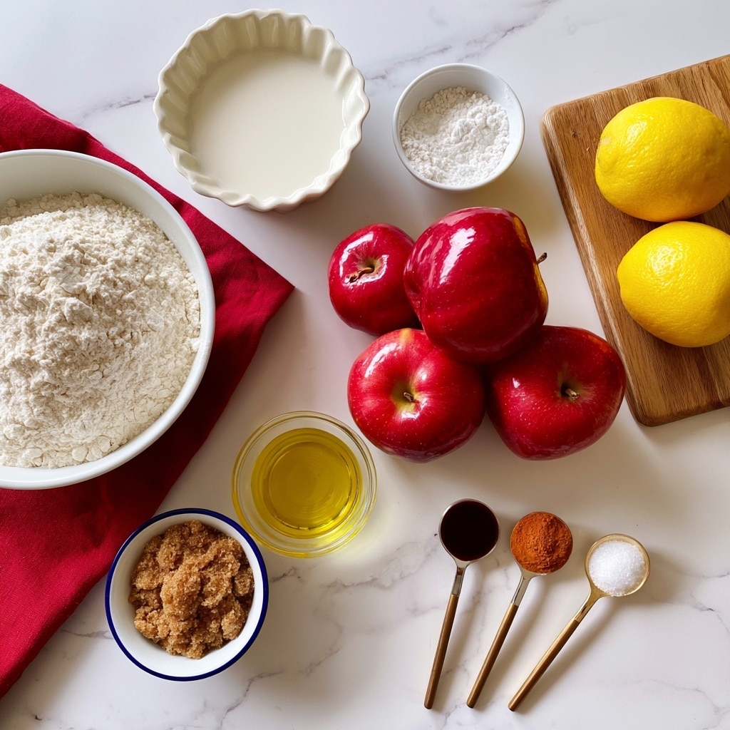 A white bowl filled with white flour sits on the left side over a red cloth on a white marbled surface. Below it, a small white bowl with a blue rim contains brown sugar, next to a clear glass bowl with yellow olive oil. Above them, a fluted white bowl holds white almond milk. In the center right, there are four red apples with shiny skin placed in a loose cluster. Above the apples, a small white bowl with baking powder is visible. To the right, a wooden board holds two whole bright yellow lemons. Three small spoons, positioned near the apples, hold dark brown vanilla extract, orange cinnamon powder, and white salt from left to right. The whole setup is on a smooth white marbled surface. Photo taken with an iphone --ar 4:5 --v 7