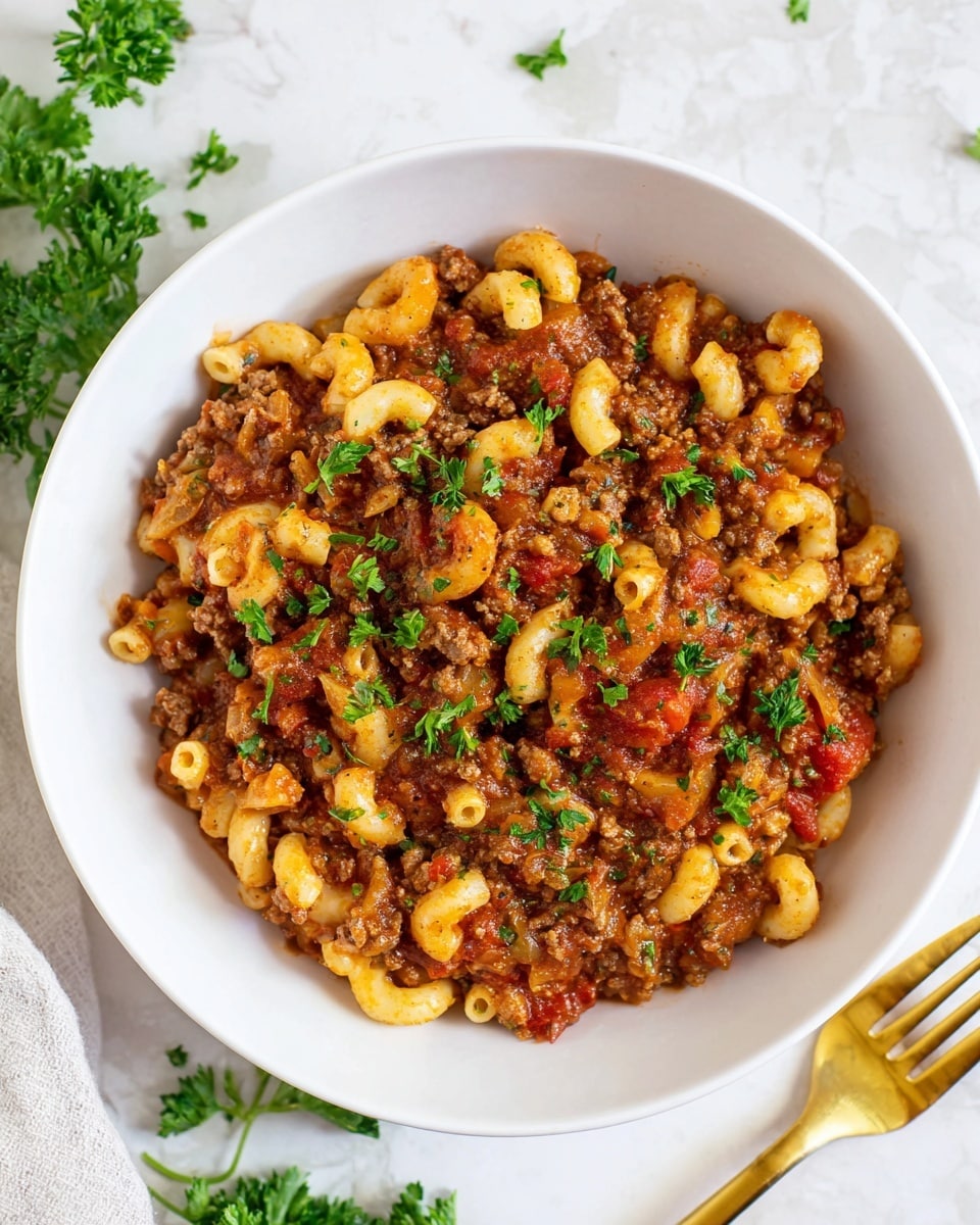 A white bowl filled with three visible layers of food: the bottom layer is a chunky tomato sauce mixed with ground meat, showing shades of rich brown and red with a slightly thick texture; the middle layer has cooked small elbow macaroni, soft and yellowish, mixed evenly with the meat sauce; the top layer is sprinkled with fresh green parsley leaves, adding bright spots of color and freshness. The bowl sits on a white marbled surface, with some parsley leaves scattered nearby and a golden fork positioned on the right side. photo taken with an iphone --ar 4:5 --v 7