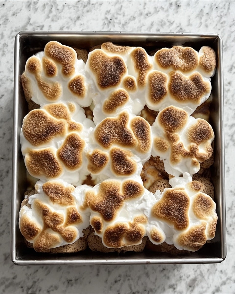 A square metal baking pan filled with nine small round pieces of baked food, each topped with a thick, uneven layer of toasted marshmallows. The marshmallows have a golden brown color with some darker brown spots and white fluffy areas, showing a soft texture underneath the toasted surface. The baked pieces beneath the marshmallows are slightly visible along the edges with a brown color. The pan is placed on a white marbled surface. photo taken with an iphone --ar 4:5 --v 7