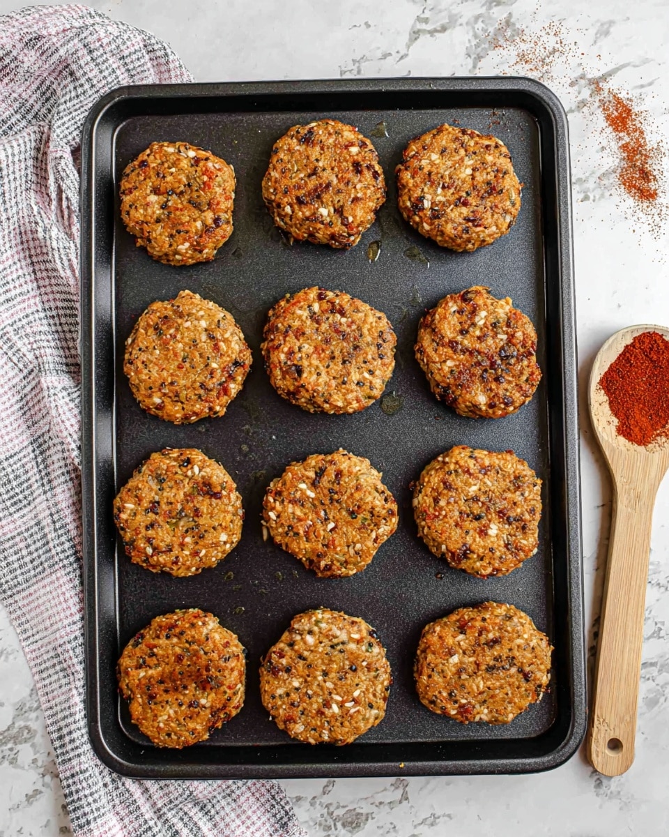 The image shows a black baking tray with twelve round, golden-brown baked patties evenly spaced in a 3 by 4 grid. Each patty has a rough texture with visible seeds and small bits, giving them a hearty look. The tray is resting on a white marbled surface with a checkered cloth partially underneath the left side. There is a small spoon with red powder and some scattered bits nearby on the right. photo taken with an iphone --ar 4:5 --v 7