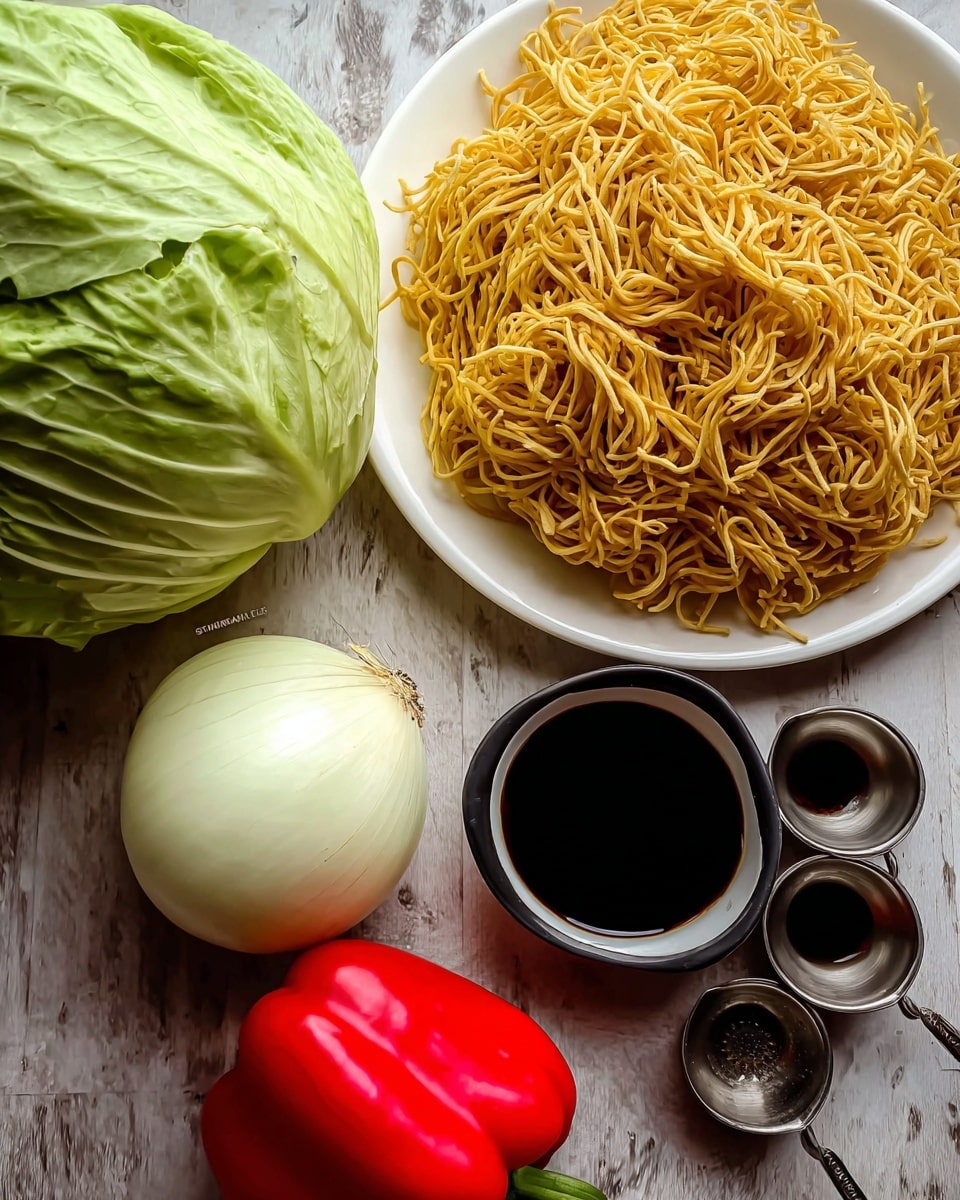 The image shows a round white plate filled with a pile of golden yellow crispy noodles with a slightly rough texture and thin, curly strands. Next to the plate is a whole large green cabbage with smooth, veined leaves, and below it is a round white onion with a lightly textured surface. In the bottom right corner, a bright red bell pepper with a green stem adds color contrast. Near the plate, there are several small metal measuring cups and a small black-rimmed bowl filled with dark soy sauce, all placed on a white marbled surface. photo taken with an iphone --ar 4:5 --v 7