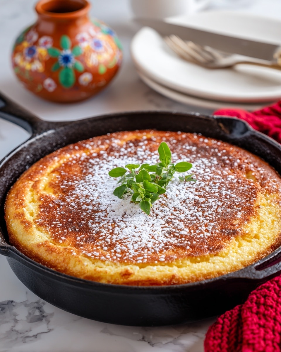 The dish shows a warm, golden brown baked item in a black cast iron pan, dusted evenly with white powdered sugar on top. It has a smooth, slightly textured surface with a sprig of fresh green herbs placed in the center for decoration. The pan rests on a white marbled surface with a red knitted fabric partially in view and a small brown ceramic container with colorful designs in the background. To the side, there is a white plate holding a knife and spatula. Photo taken with an iphone --ar 4:5 --v 7