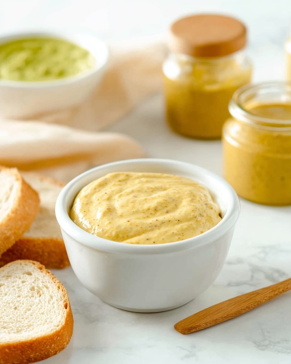 A white bowl filled with a creamy, lightly speckled yellow mustard sauce sits in the center on a white marbled surface. To the left of the bowl are two slices of light golden brown bread with a soft texture. In the background, slightly out of focus, is another white bowl containing a green sauce with a smooth texture, and two glass jars of the mustard sauce with wooden lids, one lying on its side. The overall scene is bright and clean with soft natural light. Photo taken with an iphone --ar 4:5 --v 7