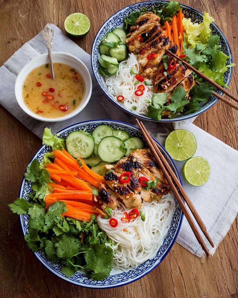 Two white bowls filled with layered food sit on a white marbled surface. Each bowl has a base layer of thin, white rice noodles arranged in a circular shape along the edges. On top of the noodles, there is a layer of thin, bright orange carrot strips on one side and fresh green lettuce on the other. In the center, there is a grilled piece of chicken with a slightly charred, golden-brown texture, sliced into pieces. Around the chicken are fresh green cilantro leaves and dark green mint leaves, with one bowl also showing light green cucumber slices. A wedge of green lime rests on the carrot layer in one bowl. The overall look is colorful and fresh, with a combination of different textures and colors that balance well. Photo taken with an iphone --ar 4:5 --v 7