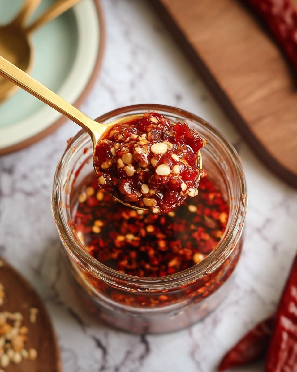 A close-up image shows a small clear glass jar filled with red chili oil containing chopped chili flakes and bits of nuts and seeds. Above the jar, a golden spoon holds a scoop of chunky red chili oil with visible pieces of red chili, white seeds, and nut fragments, all glossy and oily. The jar is placed on a surface with a white marbled texture, and in the background, there is a wooden cutting board with a red chili on it and a white plate with a gold spoon partially in view. photo taken with an iphone --ar 4:5 --v 7