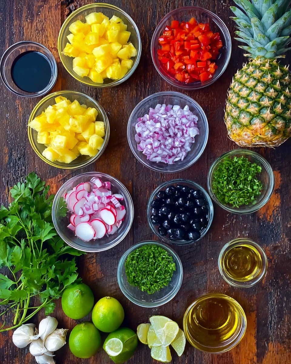 A top view of many small clear glass bowls placed on a dark wooden surface with a white marbled texture, each bowl filled with different colorful ingredients: bright yellow pineapple cubes, deep red chopped tomatoes, thinly sliced red onions with white, round slices of radish with red edges, dark blue blueberries, finely chopped green parsley, and chopped green onions. Around the bowls are whole ingredients like a rough brown pineapple with green leaves at the top, two bright green limes, white garlic cloves, and small sprigs of parsley scattered. There are also two clear bowls with golden olive oil and a dark liquid, possibly vinegar or soy sauce, all arranged neatly to show a fresh and vibrant mix of raw cooking components. photo taken with an iphone --ar 4:5 --v 7