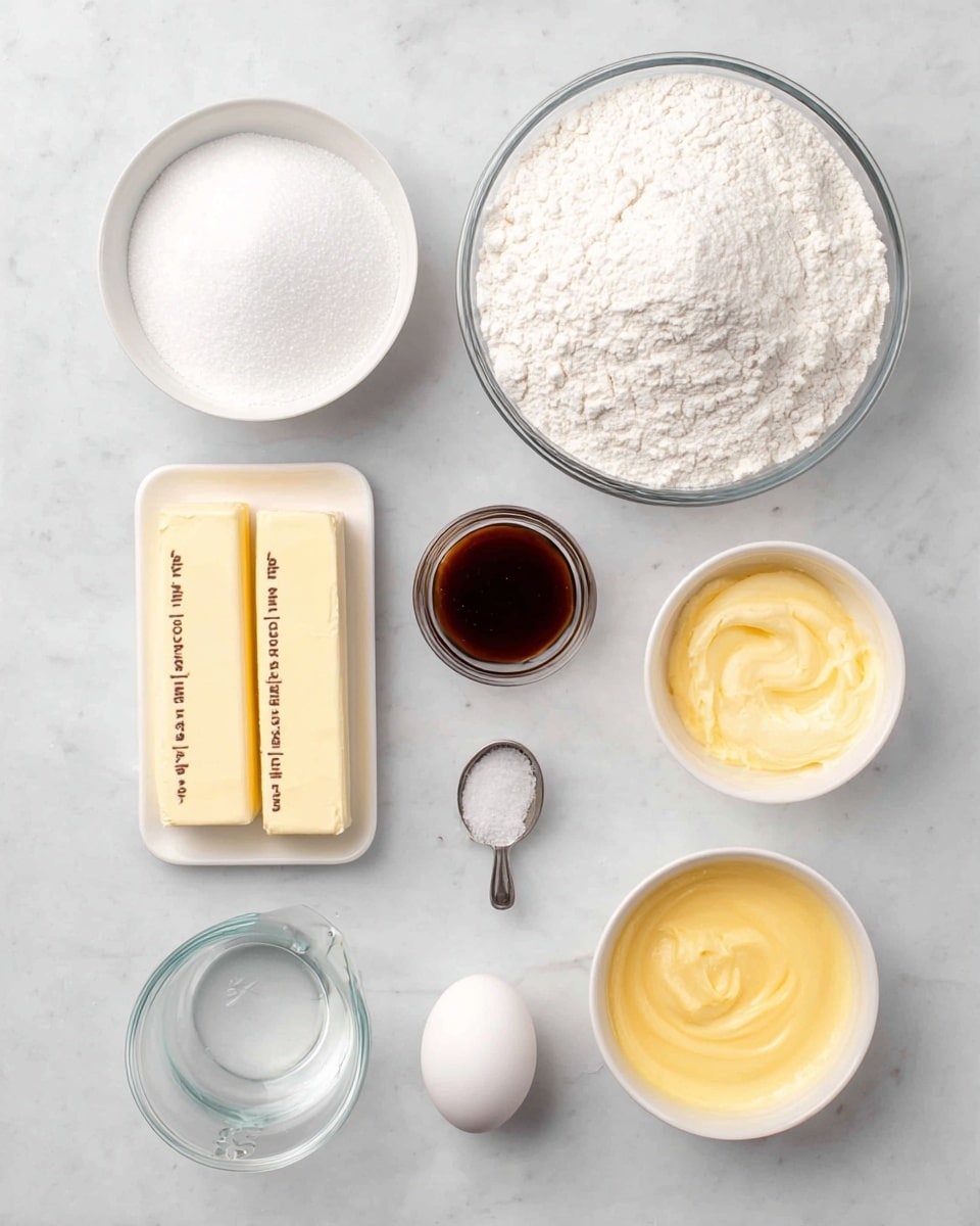A top view of baking ingredients arranged on a white marbled surface, including a large clear bowl of white flour on the top right, a white bowl of white granulated sugar on the top left, two light yellow butter sticks with measurement labels side by side on the right, a small glass bowl with dark brown vanilla extract below the sugar, a white bowl of smooth yellow cream below the vanilla, a metal teaspoon with white salt in the center, a clear empty measuring cup below the butter, and one white egg at the bottom center photo taken with an iphone --ar 4:5 --v 7