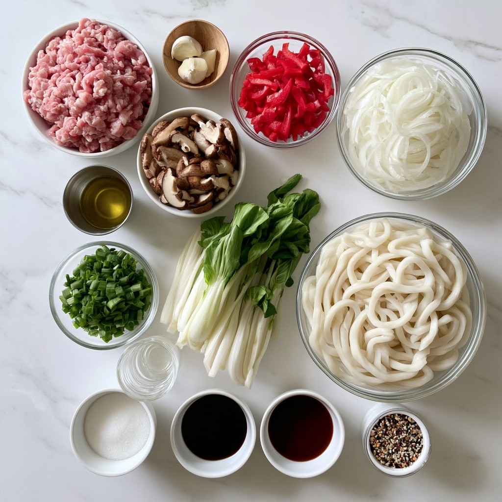 The image shows various cooking ingredients laid out on a white marbled surface, each in a white or clear bowl. Starting from the top left, there is a white bowl filled with pink ground pork, next to it a small wooden bowl with three white garlic cloves. To the right, a white bowl contains sliced brown mushrooms. Below the garlic is a clear bowl with bright red sliced red peppers, and next to it is a larger clear bowl filled with thinly sliced white onions. Below these central bowls, a small metallic cup holds yellowish oil, and right below is a clear bowl with chopped green onions. To the right of the green onions is a clear bowl of fresh deep green bok choy leaves with white stems. Near the bottom left, a large clear bowl holds thick white udon noodles. Below the udon, a small clear cup of rice vinegar sits next to a small white bowl of white sugar. A small white bowl nearby holds a dark soy sauce, and another contains oyster sauce. Also present is a small white bowl with a mix of sesame seeds and spices. The arrangement is neat, emphasizing the fresh and colorful ingredients. Photo taken with an iphone --ar 4:5 --v 7