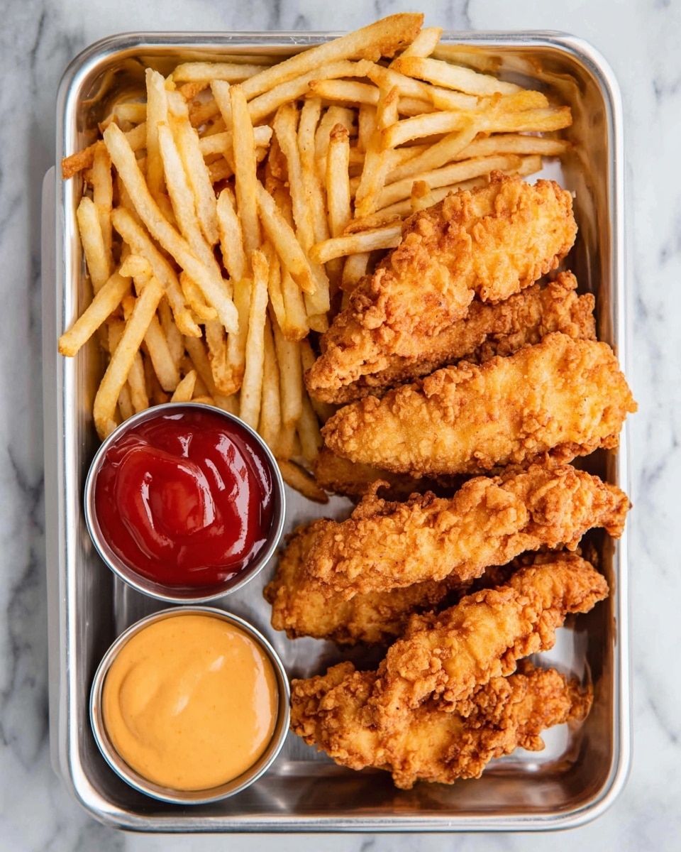 A metal tray holds a serving of seven golden brown fried chicken strips with a crunchy texture; the chicken pieces are arranged in a pile overlapping each other. Behind the chicken strips, thin French fries in a light yellow color fill the corner of the tray. Nestled near the fries are two small metal cups, one with bright red ketchup and the other with light yellow honey mustard sauce. The tray is placed on a white marbled surface. photo taken with an iphone --ar 4:5 --v 7