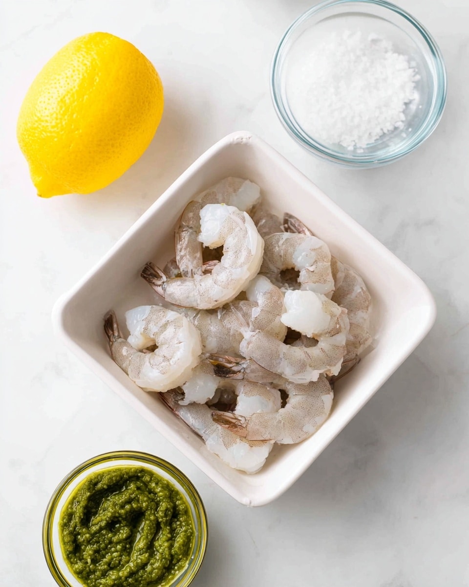A white rectangular dish holds a layer of raw, peeled shrimp with tails on, showing their pale gray and white body with some translucent parts. Around the dish are three items placed on a white marbled surface: a whole bright yellow lemon on the left, a small clear bowl filled with coarse white salt near the top center, and another small clear bowl containing a thick, green pesto sauce on the right. Photo taken with an iphone --ar 4:5 --v 7
