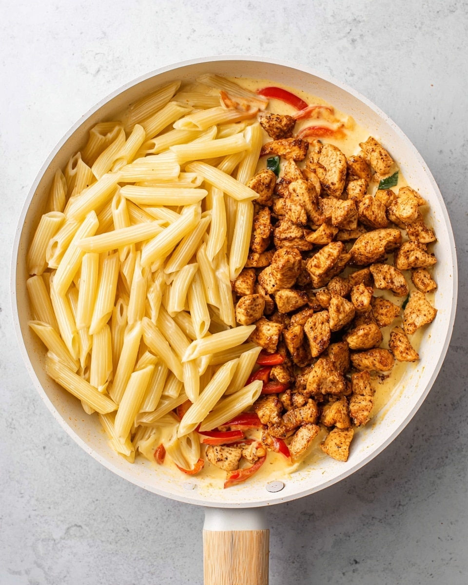 The image shows a white pan containing three main parts. On the left side is a thick layer of pale yellow penne pasta with a smooth texture. On the right side, there is a layer of small, browned, and textured chicken pieces, cooked with a slightly crispy look. Beneath the pasta and chicken, a creamy sauce with light orange tones can be seen, with thin slices of red bell pepper and some green herbs peeking out. The pan handle is light wood color, and the pan is placed on a white marbled surface. Photo taken with an iphone --ar 4:5 --v 7