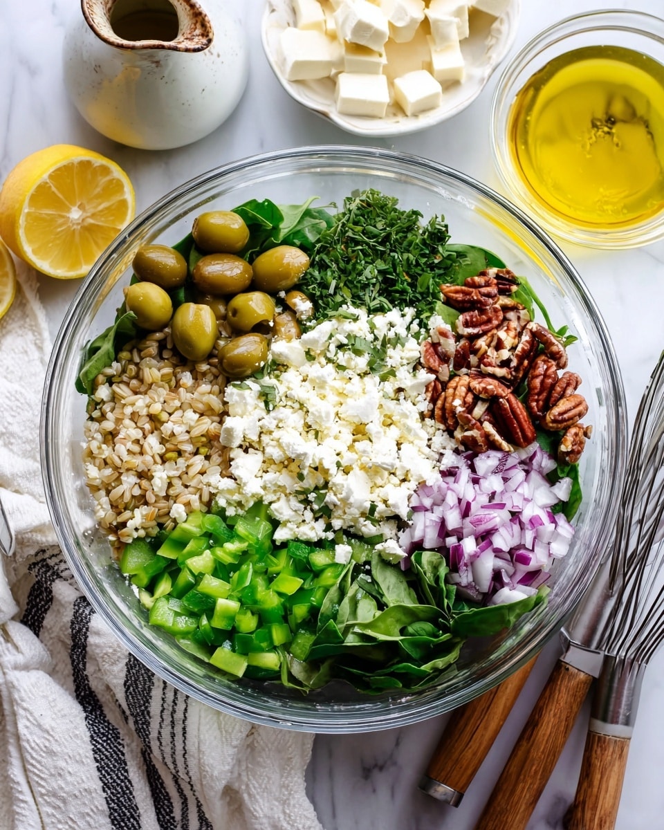 A clear glass bowl holds a salad made of eight separate layers arranged in sections: green olives pitted and halved on the top left, light brown cooked grain next to it moving to the right, bright chopped spinach leaves on the top right, pecan pieces below the spinach, crumbled white cheese sprinkled in the center and spread lightly over some layers, chopped green bell pepper on the bottom left, finely chopped red onion next to the bell pepper on the far left side, and chopped herbs in the center between the cheese and other greens. The bowl rests on a white marbled surface with a white and black striped cloth beneath part of it. Around the bowl, there is a halved lemon on the left, a small rustic jug with olive oil behind the lemon, a white bowl with blocks of white cheese on the upper right, and a glass jar with a metal whisk mixing yellow dressing to the right side. Two wooden-handled utensils rest on the bottom right edge of the image. Photo taken with an iphone --ar 4:5 --v 7