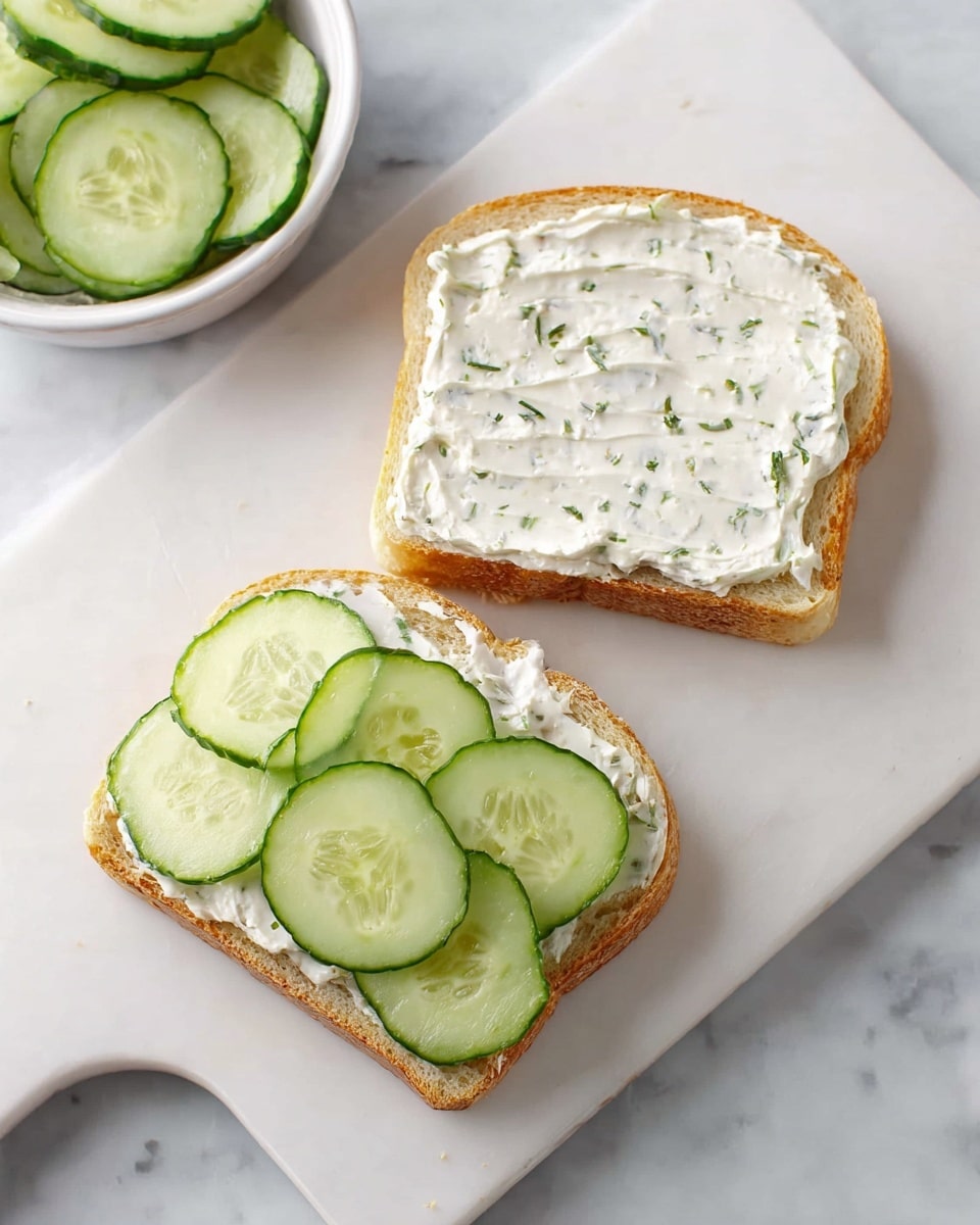 This image shows an open sandwich on a white cutting board placed on a white marbled surface. The sandwich has two slices of bread. One slice is fully covered with a creamy white spread that has small green herb pieces mixed in, giving it a speckled texture. The other slice is spread with the same creamy mixture and topped evenly with two rows of thin, round cucumber slices that are light green with a slightly translucent center. A white bowl with more cucumber slices is partially visible in the top left corner. Photo taken with an iphone --ar 4:5 --v 7