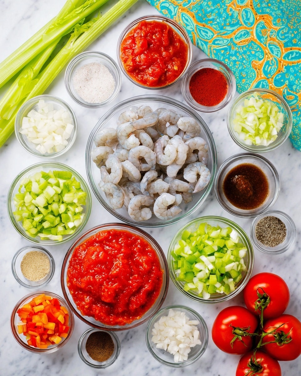 A top view of many small clear glass bowls and two larger glass bowls on a white marbled surface, each bowl containing different fresh ingredients arranged centrally with space between each; the two largest bowls hold raw peeled shrimp with a light gray-blue tone and another with bright red crushed tomatoes; surrounding these are smaller bowls filled with light green chopped celery, white chopped onions, bright red chopped bell peppers, green and orange chopped bell peppers, minced garlic, tomato paste, dark brown sauce, a light beige powder, black pepper, white salt, and dried herbs; fresh whole red tomatoes on the vine and green celery stalks are placed at the edges, and a blue, green, and yellow patterned cloth is on the upper right side; photo taken with an iphone --ar 4:5 --v 7