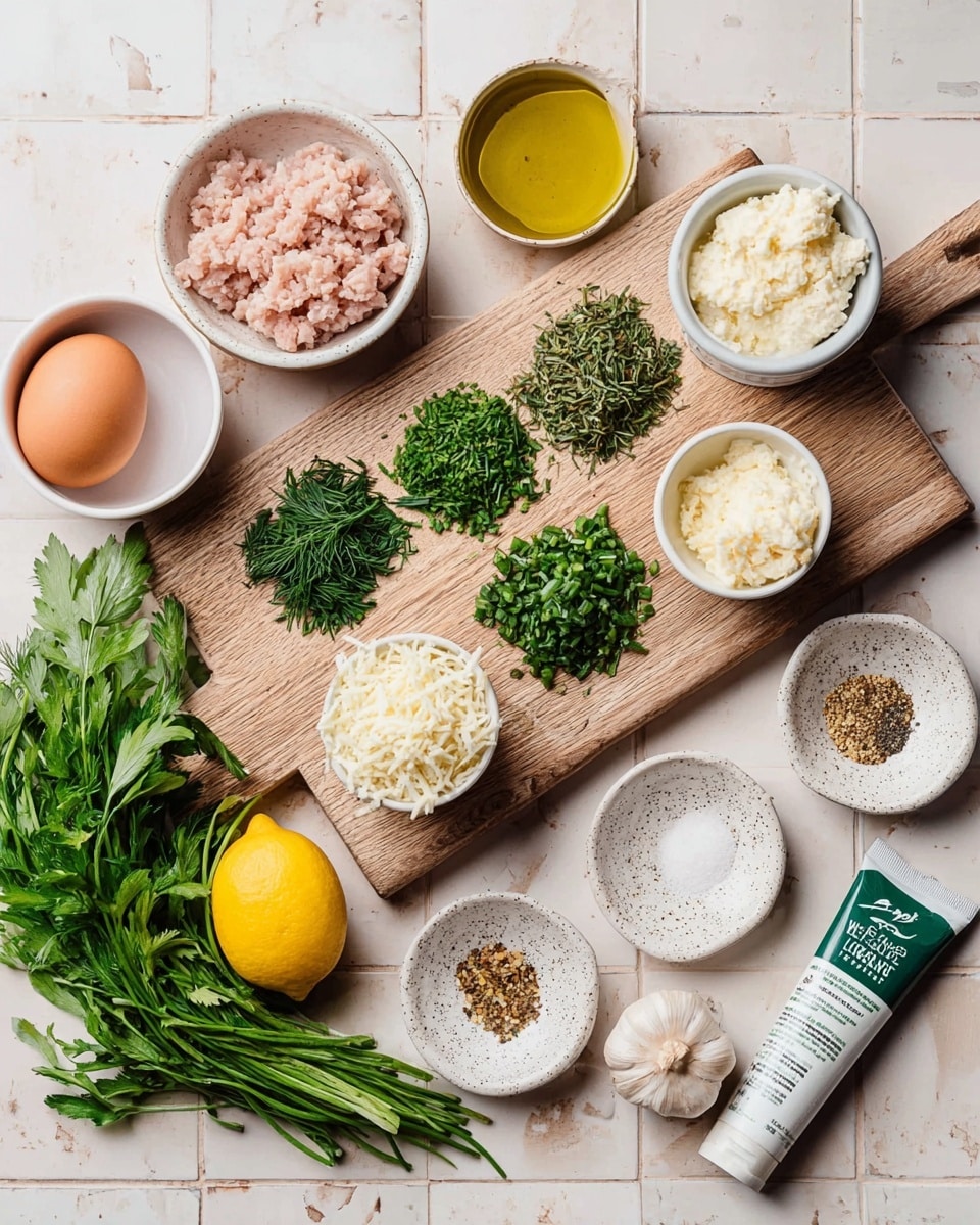 This image shows a wooden cutting board on a white marbled surface with five types of finely chopped green herbs arranged neatly: tarragon, dill, chives, parsley, and another fresh leaf herb. Around the cutting board, there are various small white bowls and plates holding ingredients: one bowl has light pink minced meat, another has breadcrumbs, and a third bowl contains a creamy white mixture. There’s also a bowl with shredded white cheese, a speckled small plate with chopped garlic, and a white plate with four different spices including black pepper and turmeric. A whole brown egg, a lemon, a small bowl of olive oil, and a small tube of green-labeled paste are also placed around the cutting board, all set on pale square tiles with a white marble texture. Photo taken with an iphone --ar 4:5 --v 7