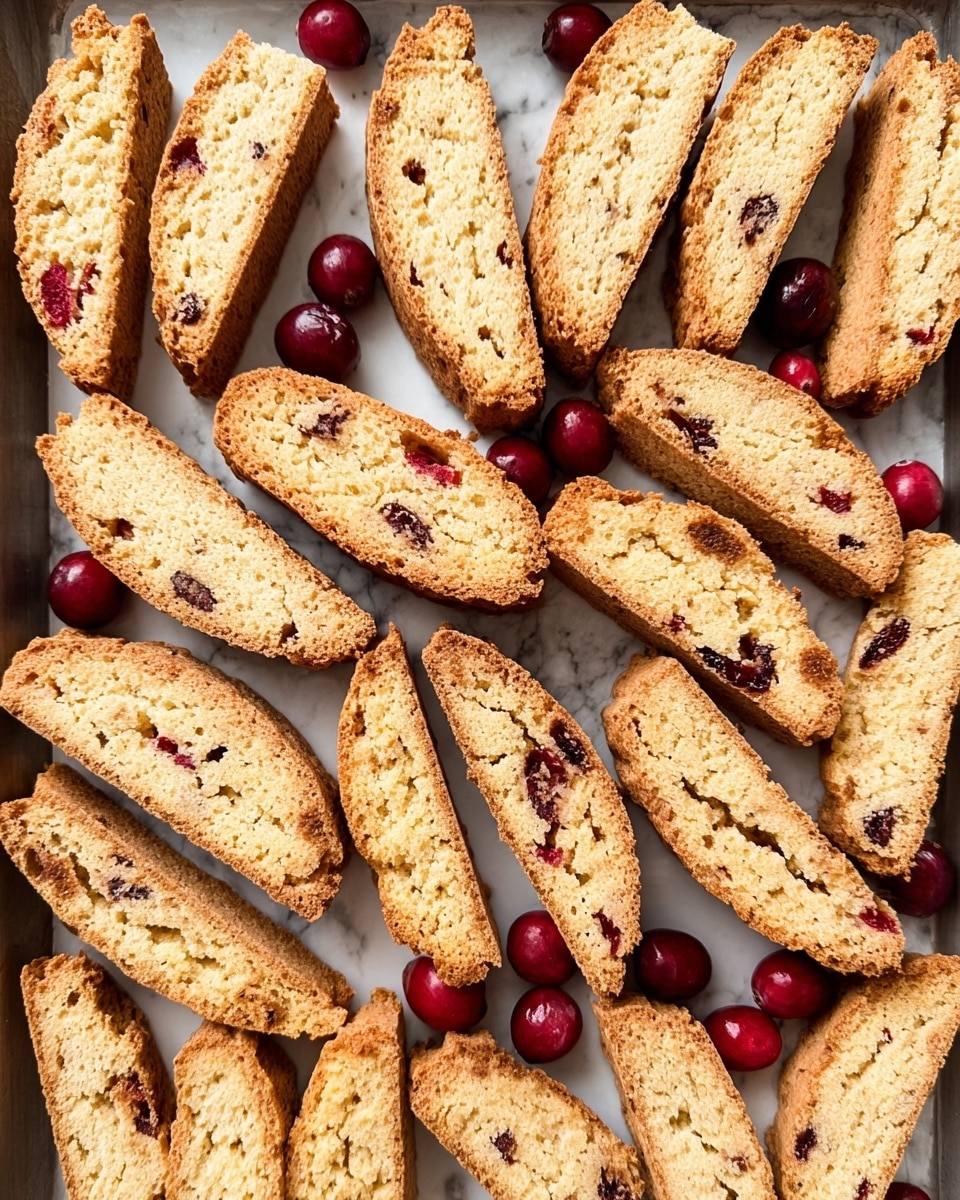A tray filled with two rows of twice-baked biscotti cookies arranged closely next to each other. Each biscotti is light golden brown with a slightly crunchy texture and broken dried cranberries visible inside. Scattered between the biscotti are whole fresh cranberries, small, round, and deep red in color. The tray is set on a white marbled surface, adding a clean and bright background. photo taken with an iphone --ar 4:5 --v 7
