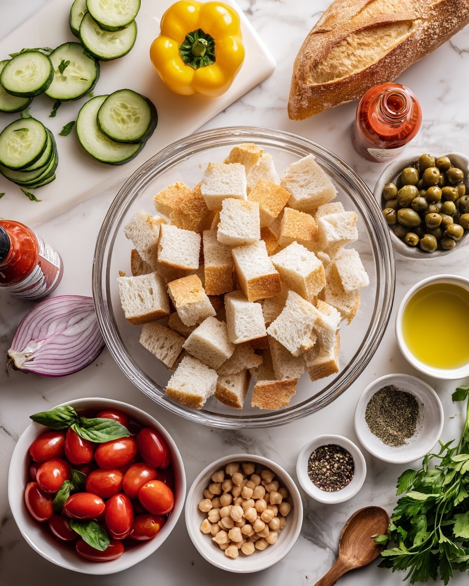 The image shows a clear glass bowl in the center filled with many cubes of white bread with light golden crusts, each piece roughly similar in size creating a textured, blocky look. Surrounding the bowl on a white marbled surface are various fresh ingredients: at the top left, a yellow bell pepper and a whole cucumber lie on a white cutting board next to round slices of cucumber. Below that, a white bowl holds bright red cherry tomatoes with green basil leaves on top. Beside it, a bottle of red Tabasco sauce leans against the bowl. Under the glass bowl, a small white container has creamy chickpeas, and next to it are dishes containing black pepper, green capers, and salt with a small wooden spoon. Around right, there is a small glass container of golden olive oil, garlic cloves, a halved purple onion, and a bunch of fresh parsley. The colors are fresh and bright, with a mix of green, red, yellow, and white creating a vibrant and inviting scene. photo taken with an iphone --ar 4:5 --v 7