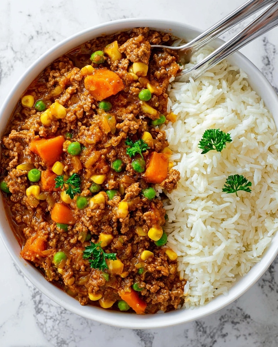 Inside a black slow cooker, there is a thick mix of ground meat, orange carrot cubes, yellow corn kernels, green peas, and diced onions in a rich tomato sauce. A silver spoon lifts a portion of the stew, showing a close-up of the chunky texture with small bits of parsley sprinkled for some green color. The slow cooker sits on a white marbled surface. Photo taken with an iphone --ar 4:5 --v 7