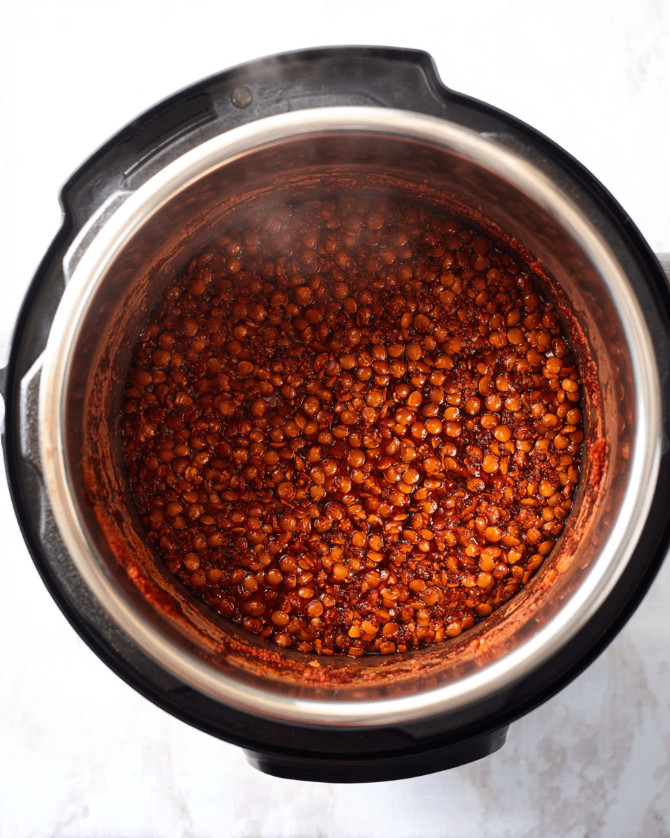 This image shows a close-up top view of cooked lentils in a silver metal inner pot of a black Instant Pot cooker. The lentils are deep reddish brown in color, densely packed and look soft with some steam rising from them. The inside edge of the pot has a ring of dark red residue, showing the spices and sauce sticking to it. The pot sits on a white marbled surface. photo taken with an iphone --ar 4:5 --v 7