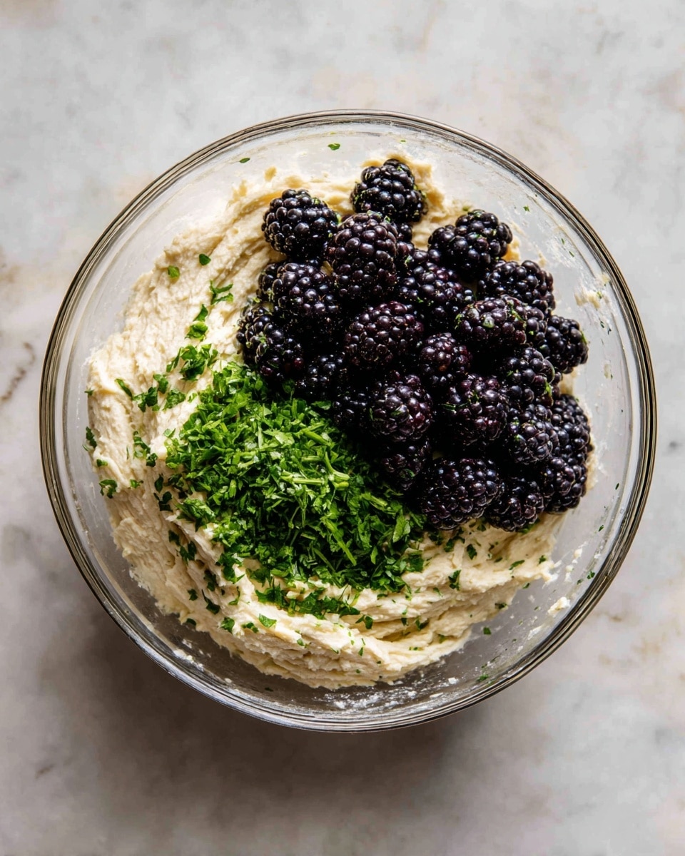 A clear glass bowl filled with a thick, off-white dough base occupies most of the image. On top of the dough, a pile of dark purple-black blackberries rests mostly on the right side, showing a plump and slightly shiny texture. Near the bottom left, there is a smaller pile of finely chopped fresh green herbs that add a bright contrast against the dough. The bowl sits on a white marbled surface, visible around the edges. Photo taken with an iphone --ar 4:5 --v 7