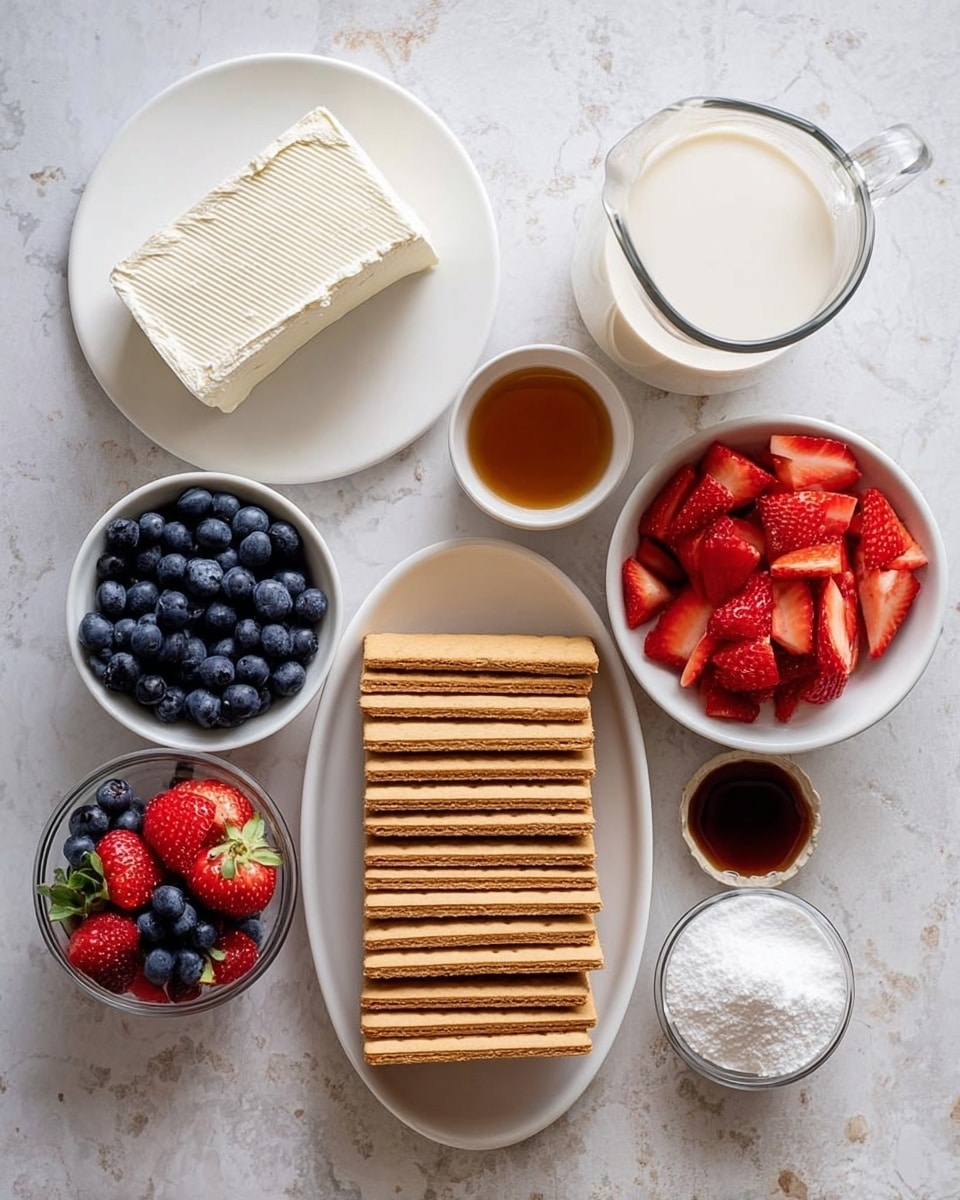 The image shows ingredients for a dessert set on a white marbled surface: a white plate with a large block of cream cheese on the left, a small white bowl filled with blueberries below it, and a white bowl full of sliced strawberries on the right. In the center, there is an oval white plate with stacked light brown rectangular graham crackers arranged in two rows, one behind the other. Above the crackers and to the right is a clear glass pitcher filled with a white creamy liquid, and next to it on the left is a small white bowl with red strawberries and blueberries mixed together. In front of the pitcher is a clear glass filled with white powdered sugar, and a small white bowl with brown liquid is placed between the pitcher and the mixed berry bowl. Photo taken with an iphone --ar 4:5 --v 7