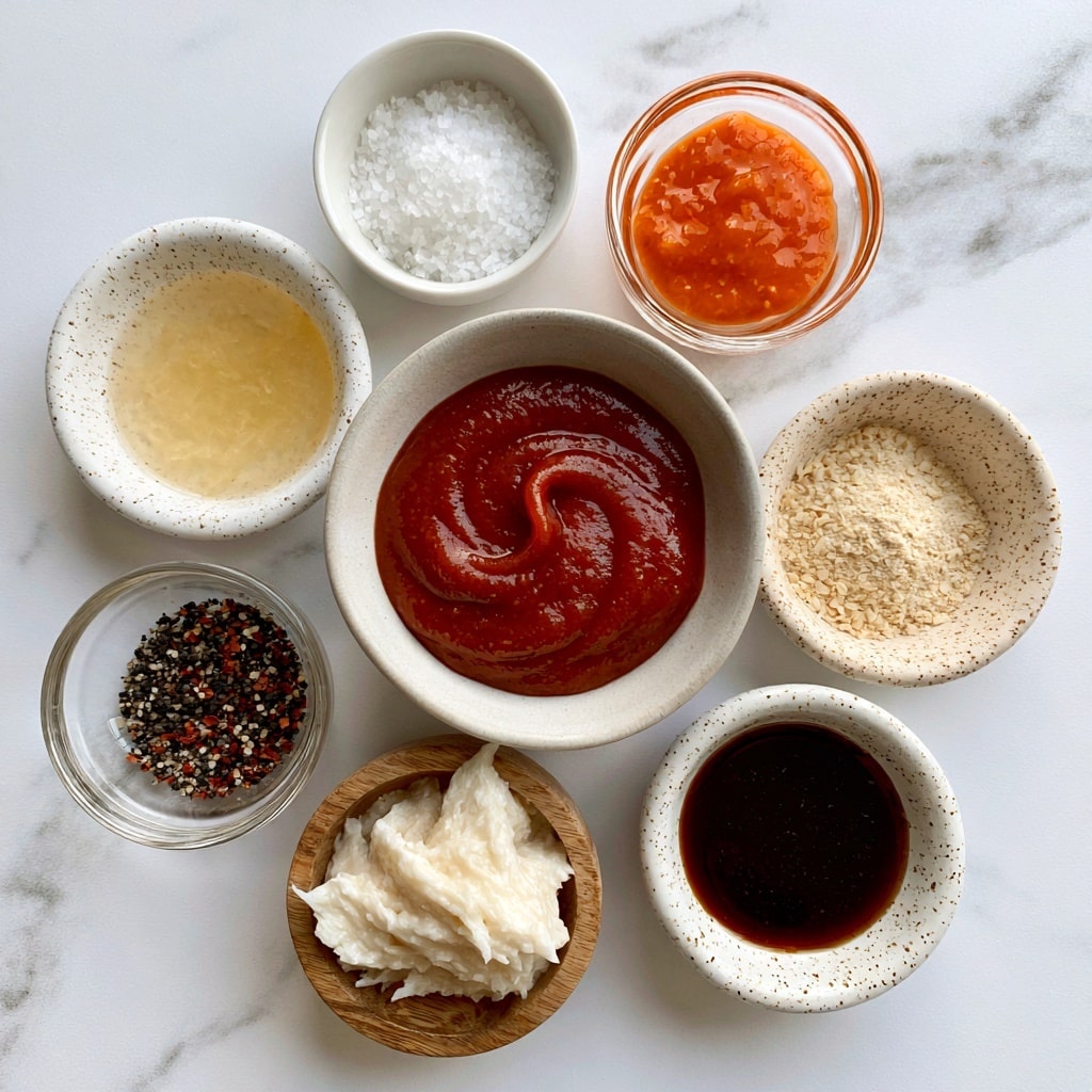The image shows eight small bowls arranged on a white marbled surface. The largest bowl in the center contains smooth, thick, red ketchup with a gentle swirl on top. Above it to the left, there is a small white bowl with coarse white salt. To the right of salt, a clear glass bowl holds bright orange hot sauce with a smooth texture. Below the hot sauce is a white speckled bowl with light yellow lemon juice, which is clear and smooth. To the right of lemon juice, a matching speckled bowl contains pale beige garlic powder with a fine, powdery texture. Below garlic powder is a clear glass bowl holding black and red mixed ground pepper with a coarse texture. Below ketchup to the left, a small wooden bowl holds thick, creamy white horseradish. Next to the horseradish on the right, a white speckled bowl contains dark brown Worcestershire sauce, glossy and liquid. The bowls are neatly spaced, and each ingredient is clearly visible. photo taken with an iphone --ar 4:5 --v 7