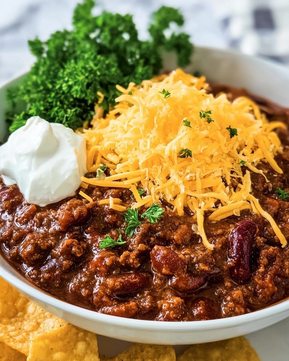 A close-up view of a white bowl filled with three visible layers of food: the bottom layer is a dark reddish-brown chili with chunks of beans and meat in a thick sauce, the middle layer is a generous pile of shredded yellow cheddar cheese covering the chili partly, and the top layer includes a dollop of white sour cream on the left side next to a small bunch of bright green parsley. The bowl rests on a white marbled surface with a hint of yellow corn chips at the bottom edge. Photo taken with an iphone --ar 4:5 --v 7