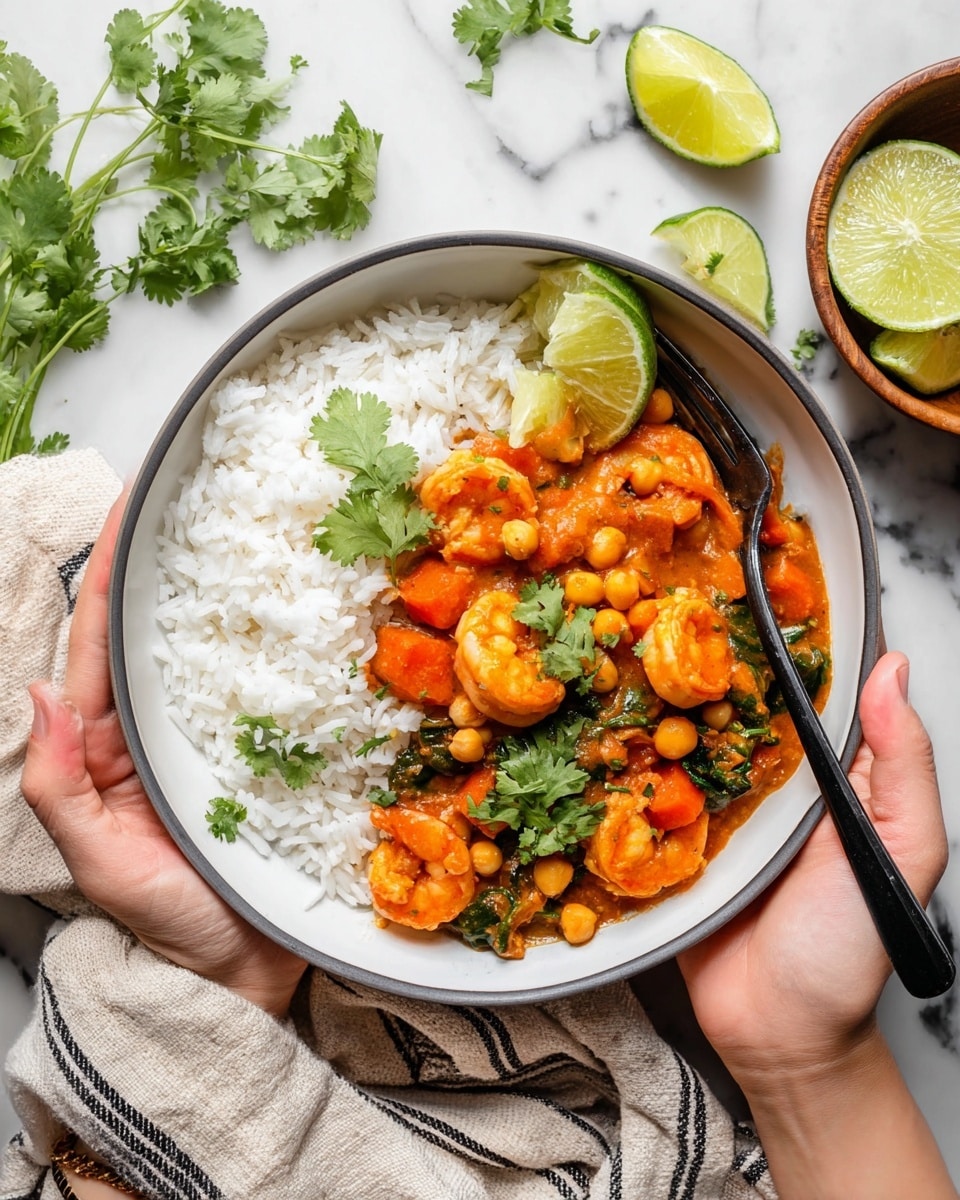 A dark blue cast iron pan filled with a rich orange-red stew containing plump shrimp, small orange cubes of sweet potato, chickpeas, chopped red peppers, and green spinach leaves, all garnished with fresh chopped cilantro on top. A woman's hand holds a wooden spoon stirring the stew from the right side. Above the pan, a white bowl with fresh green cilantro leaves and a smaller wooden bowl with lime wedges sit on a white marbled surface. To the bottom right, there is a white pot filled with cooked white rice. A striped cloth napkin is placed under the pan handle on the bottom left. The scene is bright and fresh, with vibrant colors and clear textures. photo taken with an iphone --ar 4:5 --v 7