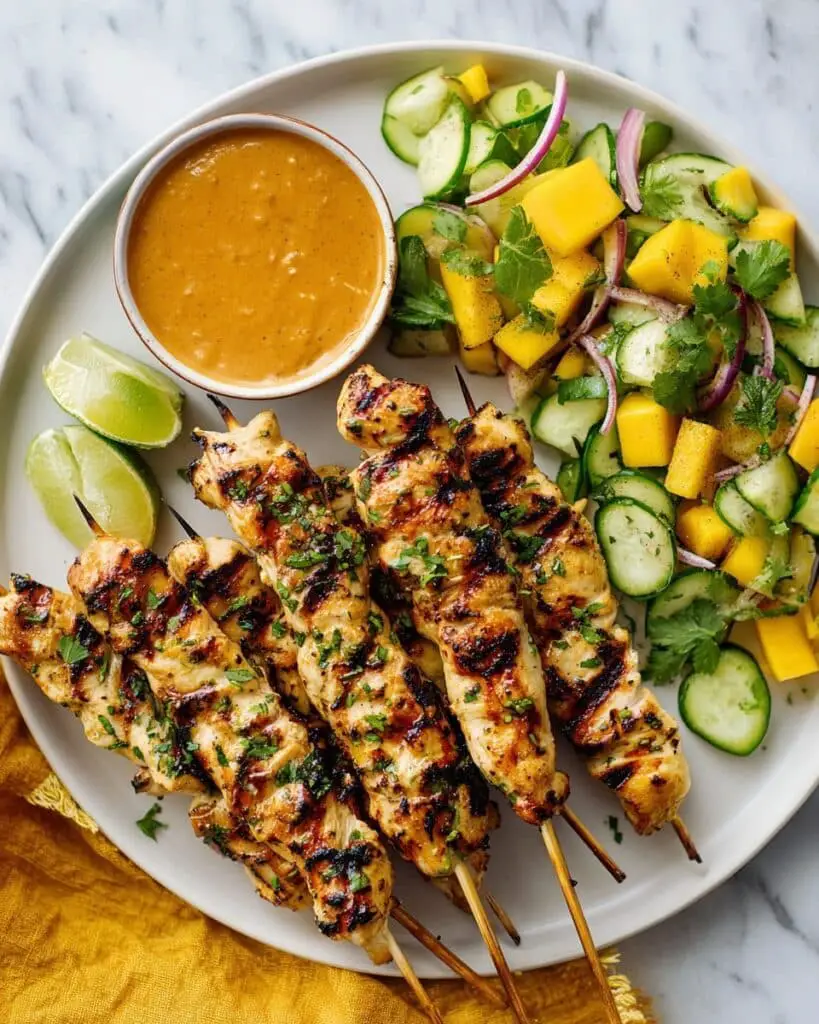Chicken Satay with Peanut Sauce and Fresh Mango Cucumber Salad Recipe