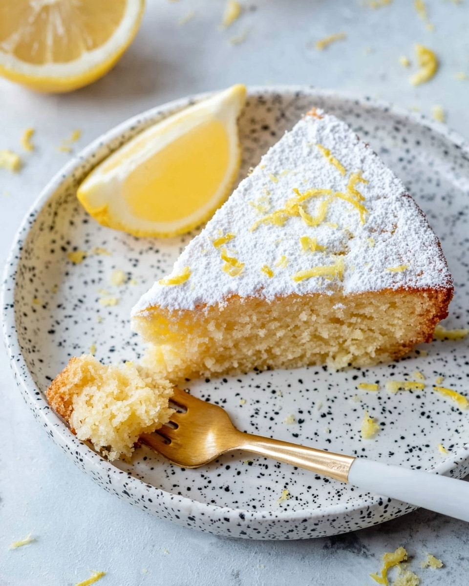 A single triangular slice of light yellow cake with a soft, slightly crumbly texture sits on a white plate with black speckles. The top layer of the cake is covered with a thick dusting of white powdered sugar sprinkled with small bits of yellow lemon zest. Next to the cake slice is a wedge of fresh lemon, bright yellow with a glossy, moist surface. A gold and white fork rests on the plate, holding a small piece of the cake with visible soft crumbs. The plate rests on a white marbled surface scattered with small bits of lemon zest. Photo taken with an iphone --ar 4:5 --v 7