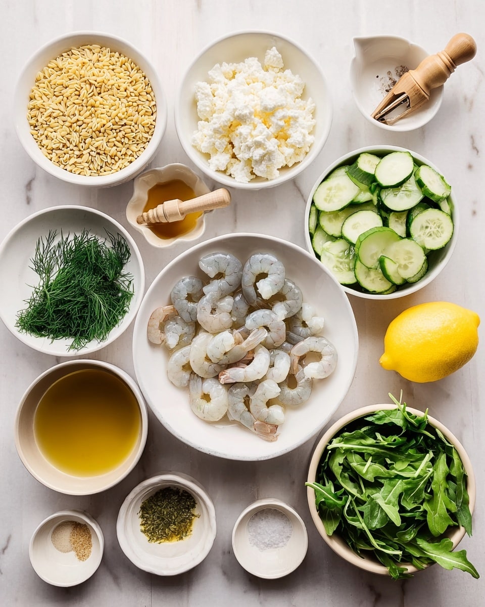 A top-down view of various ingredients arranged neatly on a white marbled surface. In the middle is a white bowl filled with raw peeled shrimp, their pale grayish color prominent. To the left, a white bowl with small, uncooked orzo pasta grains, light yellow in color. Above it, a bowl of white crumbled cheese with a soft texture. Next to that is a white bowl filled with sliced cucumber pieces showing green skin and pale flesh. Near the top center, a small white dish holds finely chopped fresh dill, bright green in color, with a wooden lemon squeezer next to it and a bright yellow lemon nearby. To the right, a bigger white bowl contains fresh green arugula leaves. Scattered around for flavor are small white bowls with minced garlic (pale yellow), salt and pepper, honey (golden), vinegar (clear amber), olive oil (light greenish-yellow), and other light brown and translucent liquids. The arrangement is clean and visually appealing, with all elements clearly visible photo taken with an iphone --ar 4:5 --v 7
