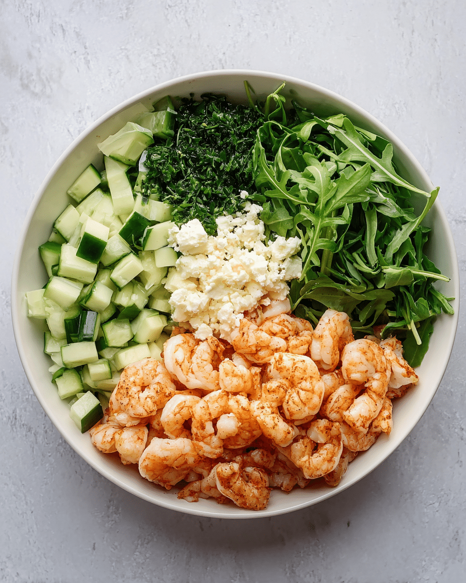 This image shows a bowl with six layers. On the right side, a large pile of cooked shrimp with a pink-orange color and slight browning. Next to it on the left, a mound of finely chopped dark green herbs. Below that and to the left, fresh, bright green arugula leaves with a leafy texture. Above the arugula, medium-sized chunks of cucumber with a pale green inside and dark green skin. In the center, a mound of crumbly, white cheese. Behind the cucumber, some dried pasta can be seen peeking through. The bowl is white and set on a white marbled surface. photo taken with an iphone --ar 4:5 --v 7